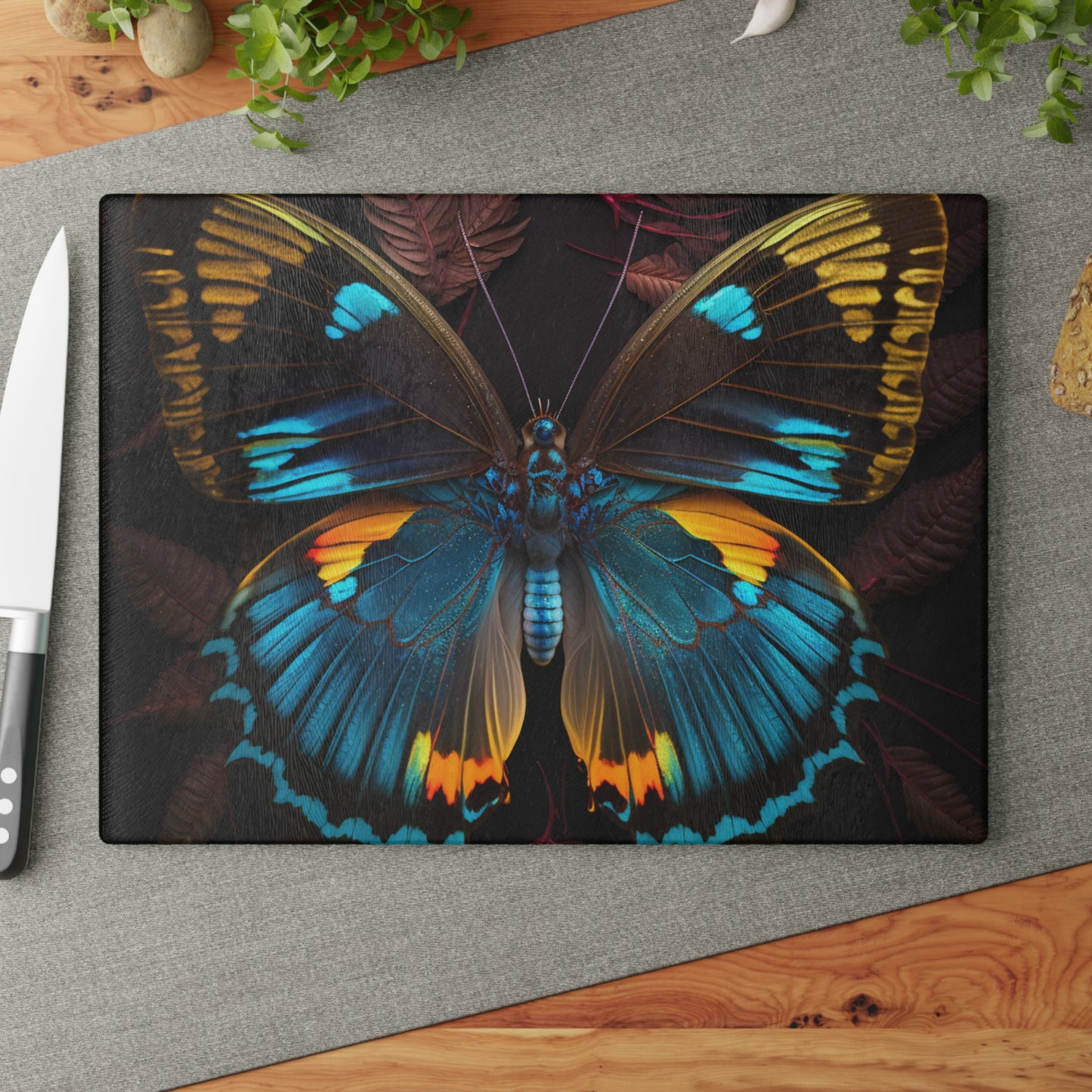 Glass Cutting Board Neon Butterfly Flair 1