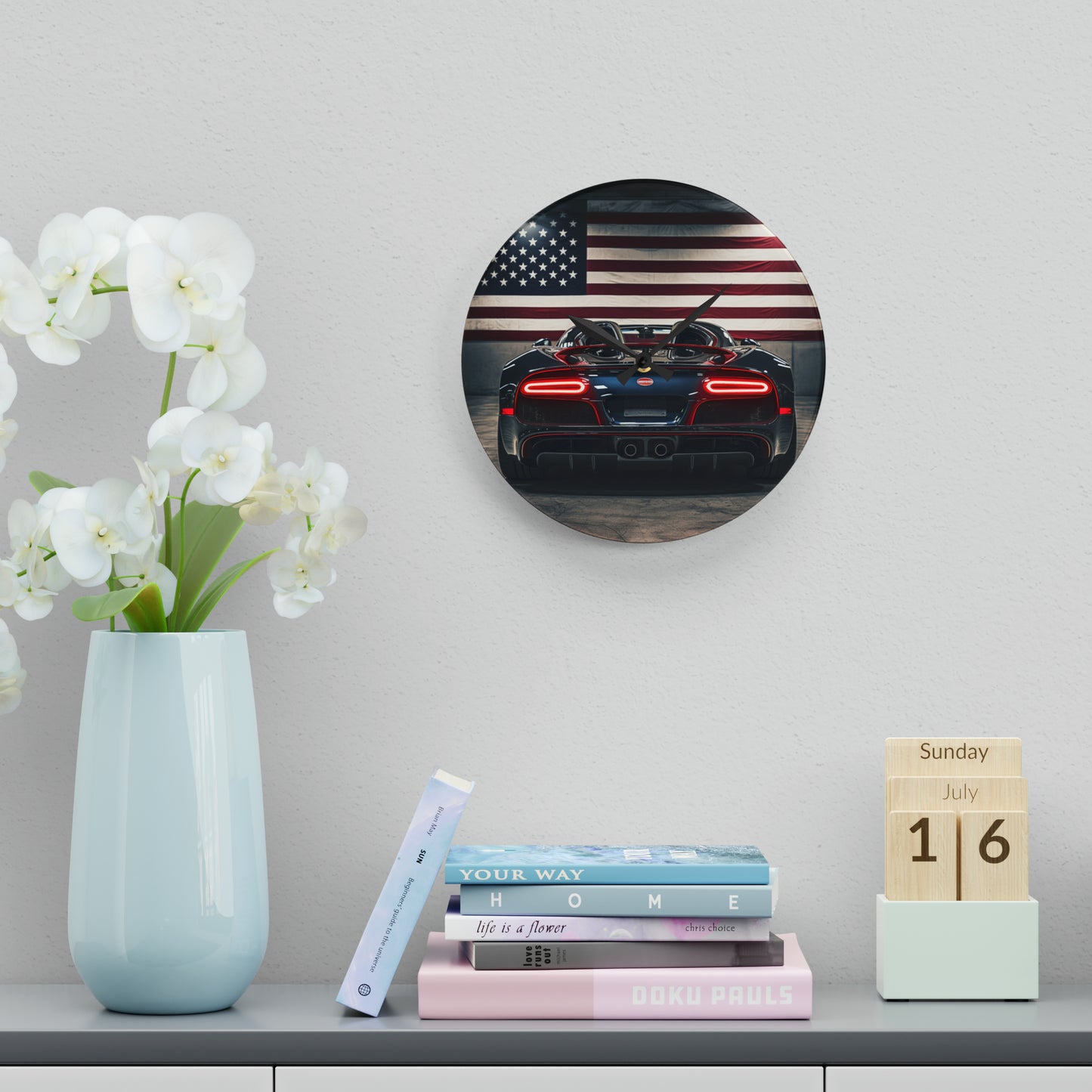 Acrylic Wall Clock American Flag Background Bugatti 4