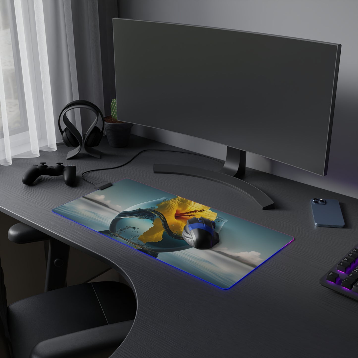 LED Gaming Mouse Pad Yellow Hibiscus glass 4