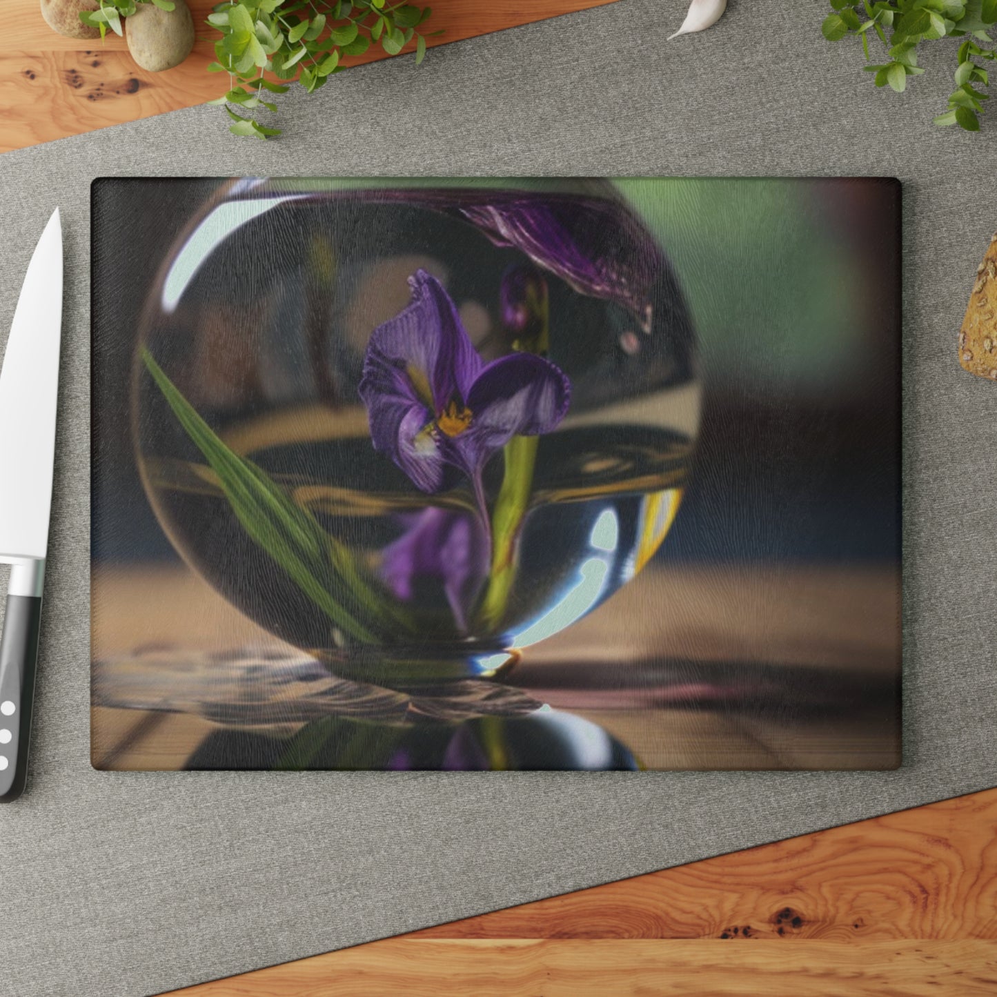 Glass Cutting Board Purple Iris in a vase 1