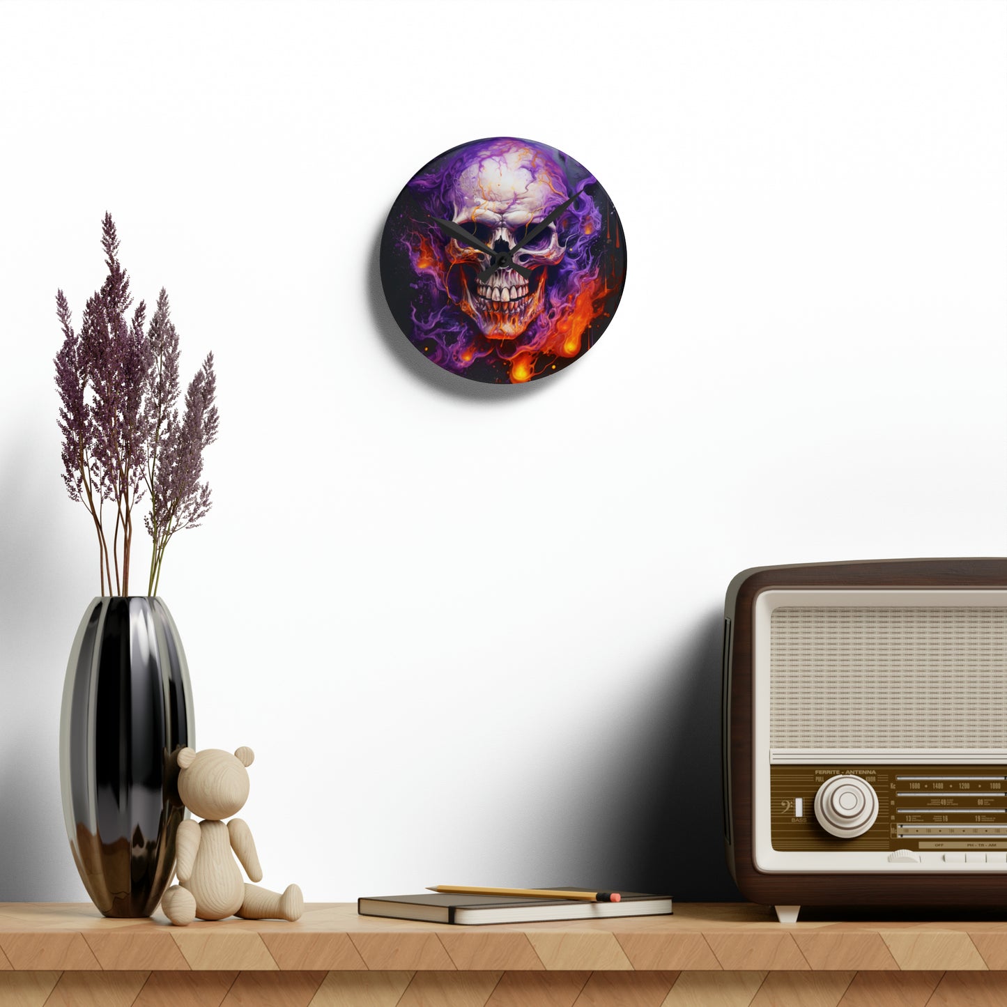 Acrylic Wall Clock Skull Flames 2