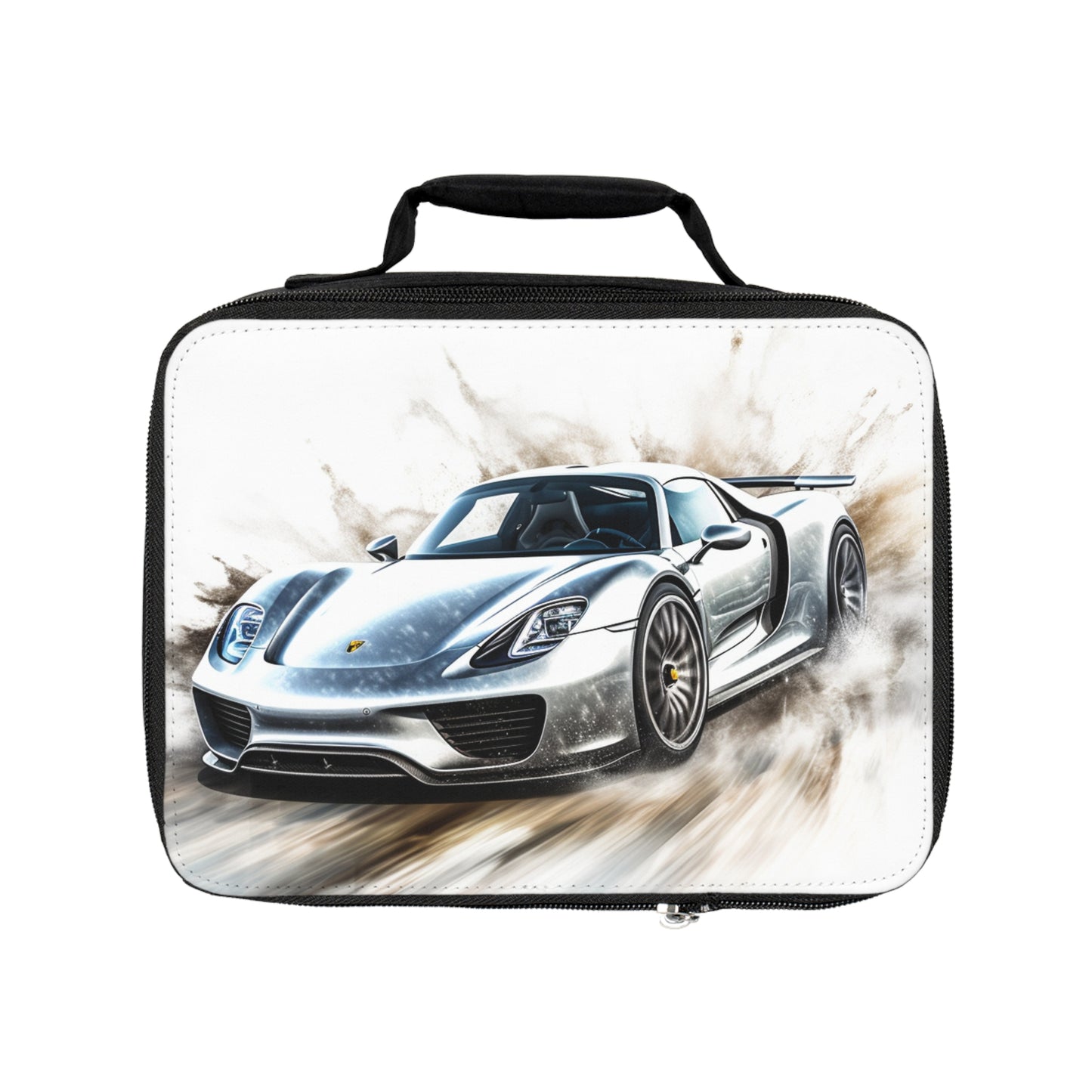 Lunch Bag 918 Spyder white background driving fast with water splashing 2