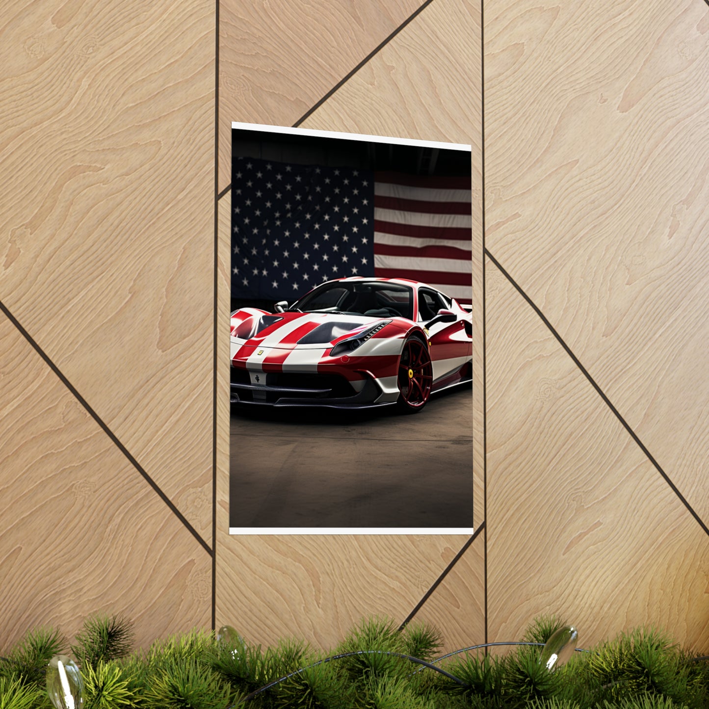 Premium Matte Vertical Posters American Flag Background Ferrari 2