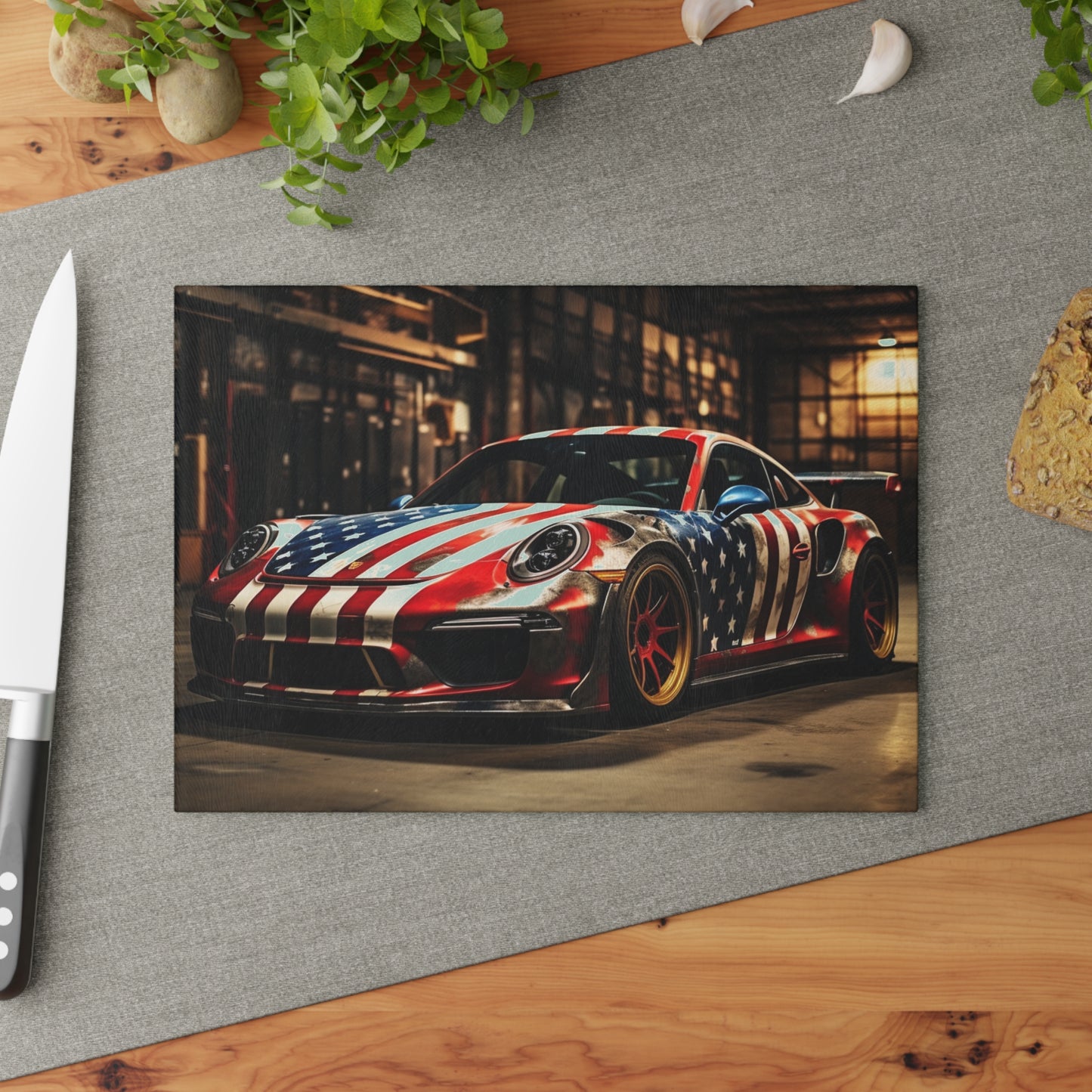 Glass Cutting Board American Flag Porsche 4