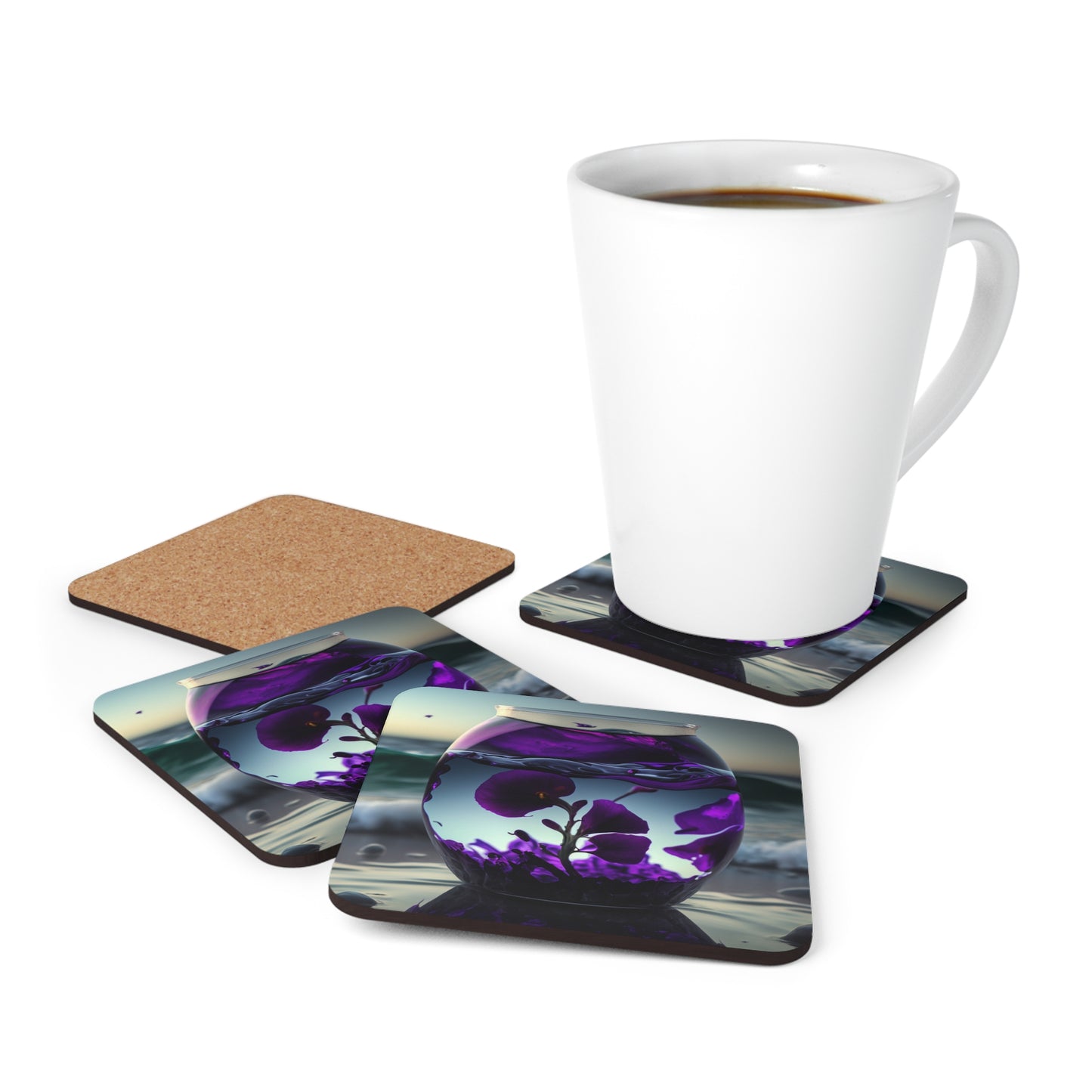 Corkwood Coaster Set Purple Sweet pea in a vase 4