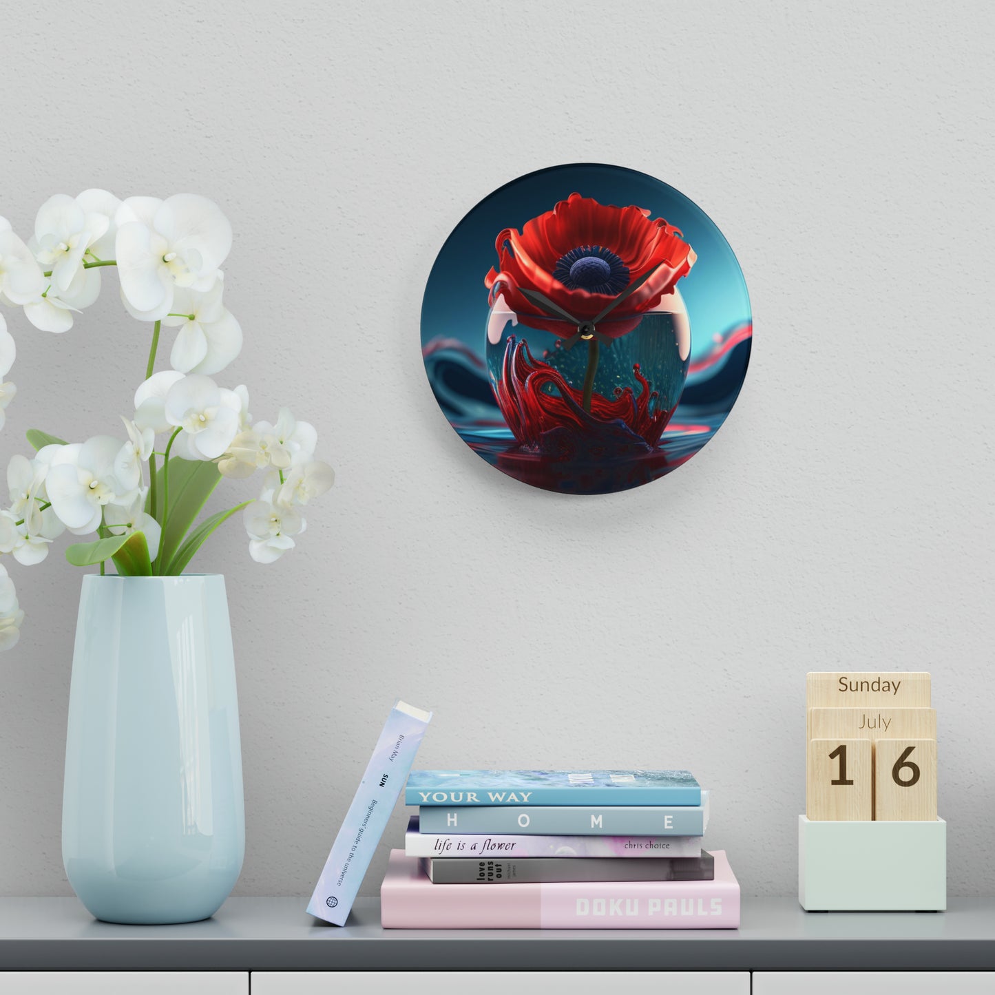 Acrylic Wall Clock Red Anemone in a Vase 2