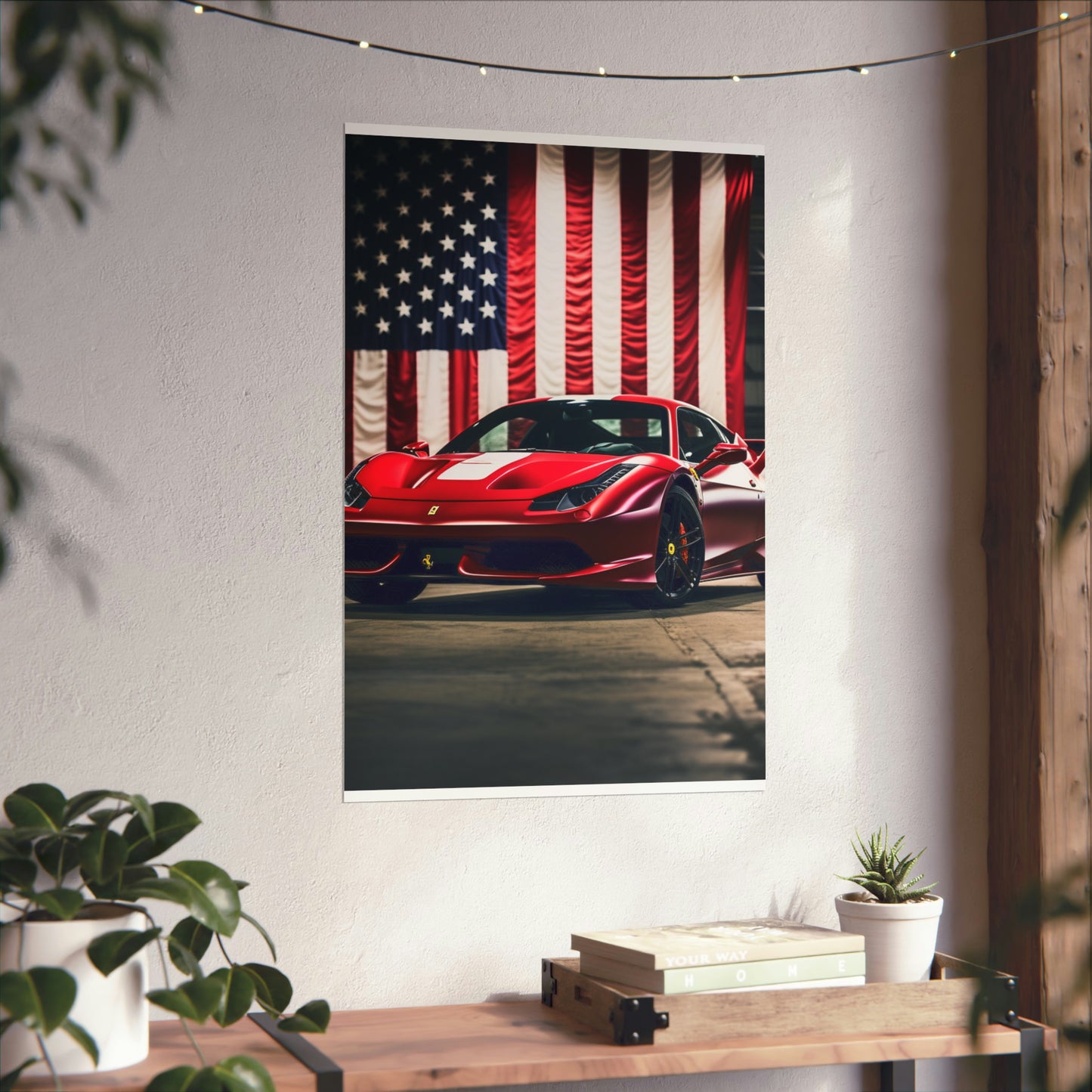 Premium Matte Vertical Posters American Flag Background Ferrari 3