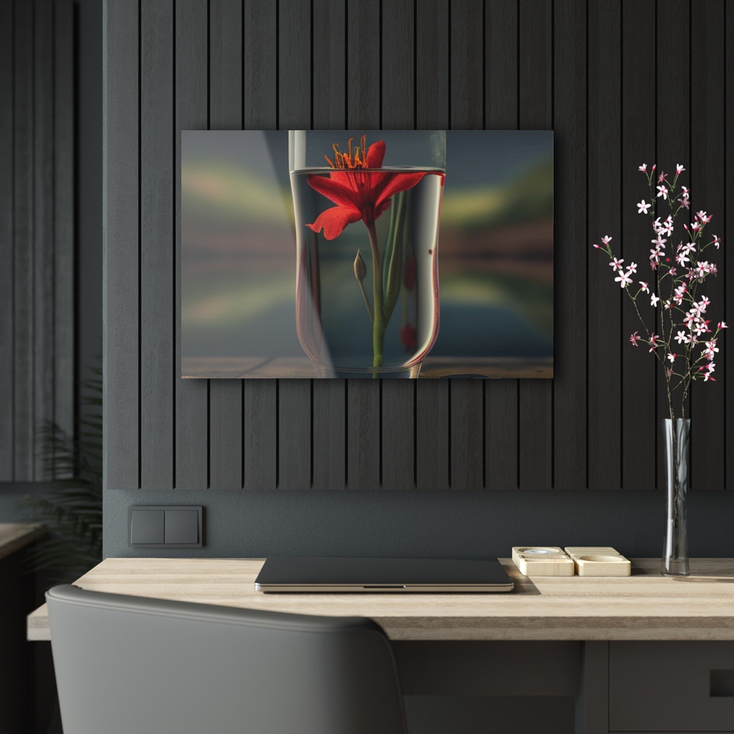 Acrylic Prints Red Lily in a Glass vase 1