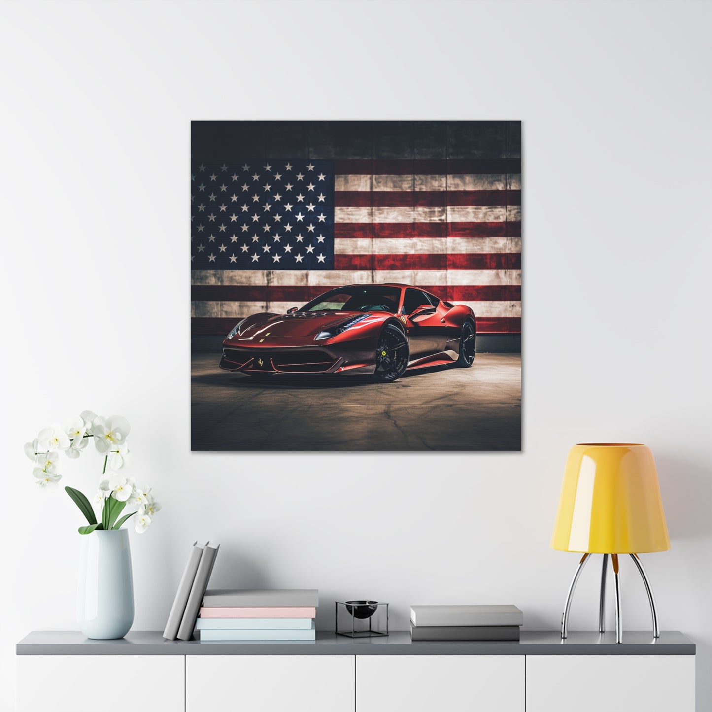 Canvas Gallery Wraps American Flag Background Ferrari 4