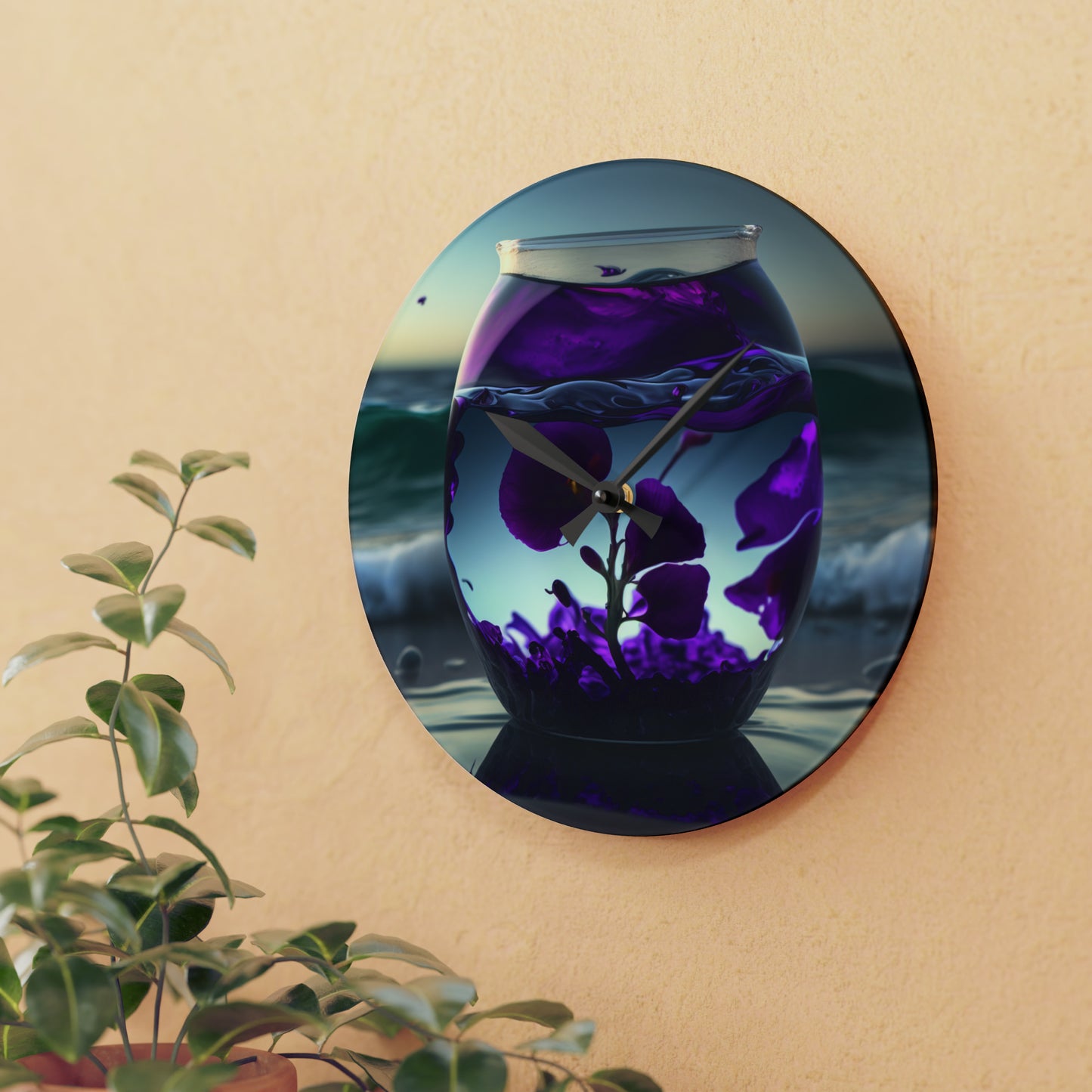 Acrylic Wall Clock Purple Sweet pea in a vase 4