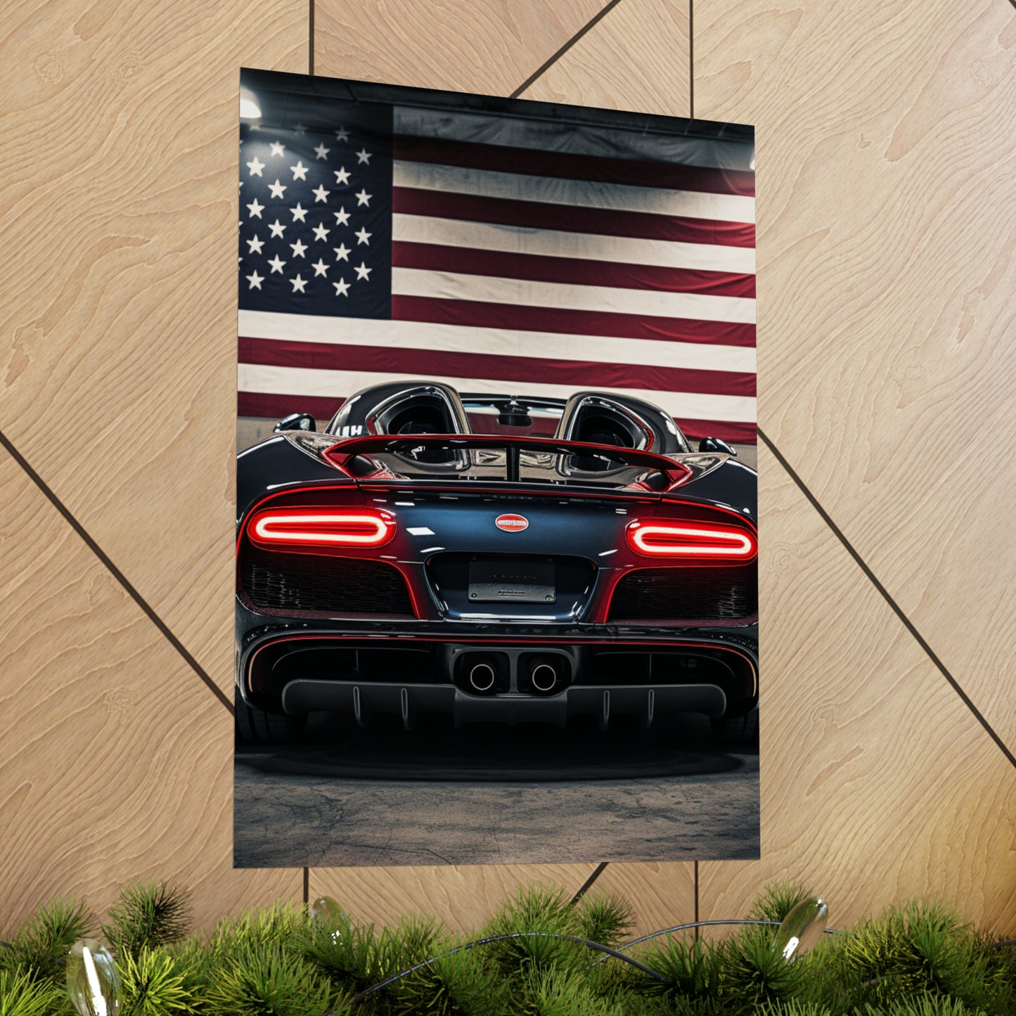 Premium Matte Vertical Posters American Flag Background Bugatti 4