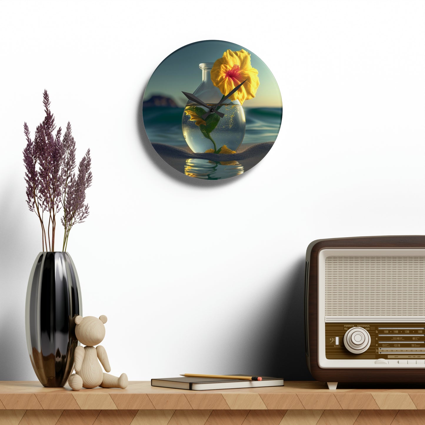 Acrylic Wall Clock Yellow Hibiscus glass 2