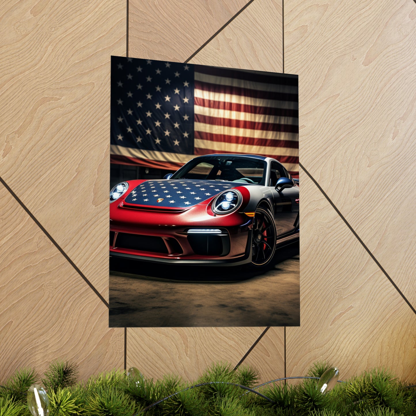 Premium Matte Vertical Posters American Flag Background Porsche 1