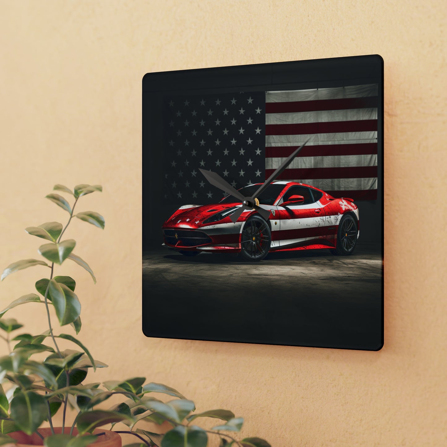 Acrylic Wall Clock American Flag Background Ferrari 1