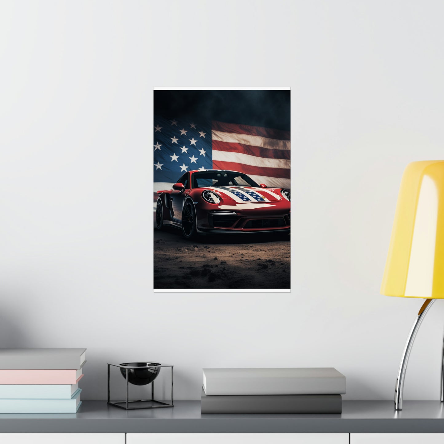 Premium Matte Vertical Posters American Flag Background Porsche 3