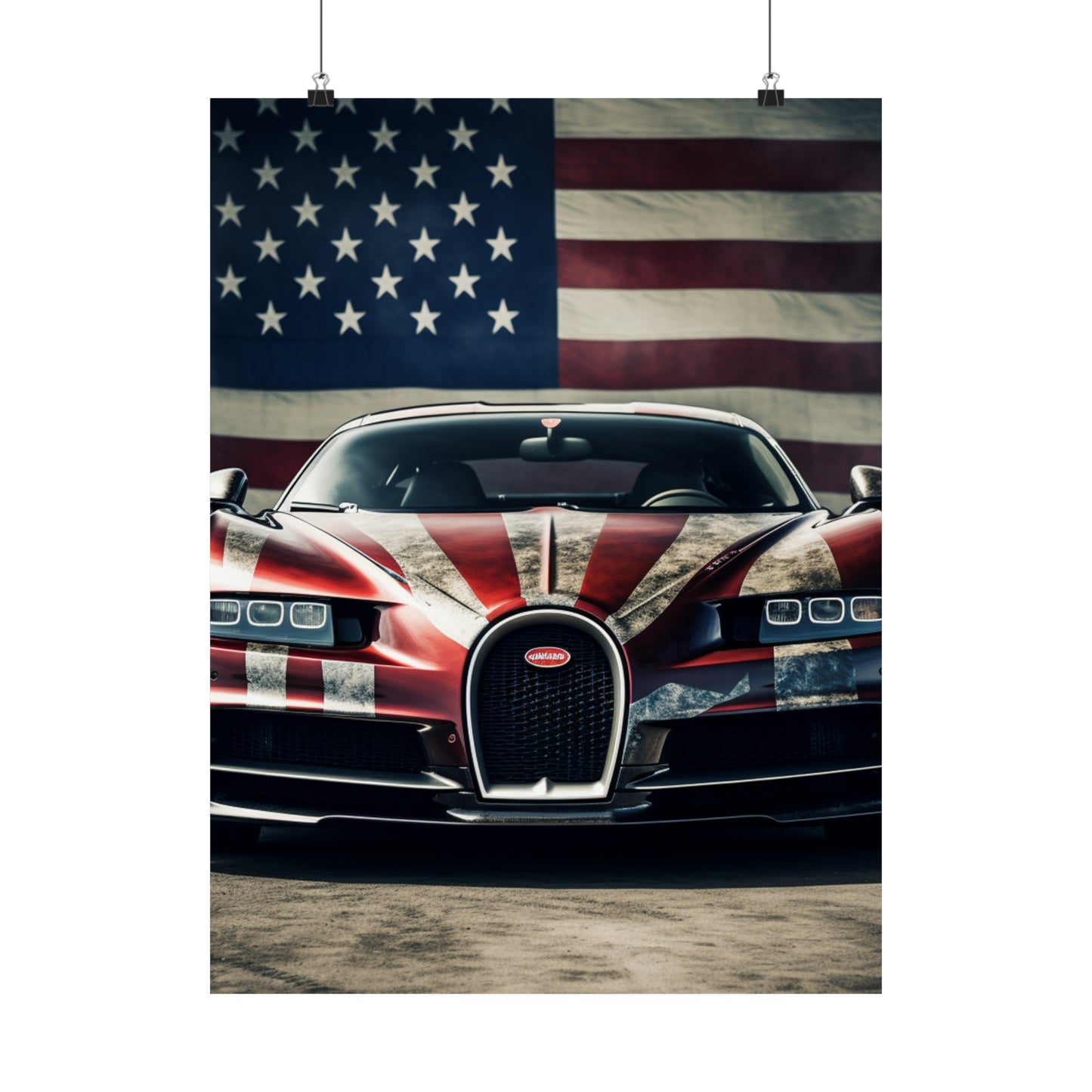 Premium Matte Vertical Posters American Flag Background Bugatti 3