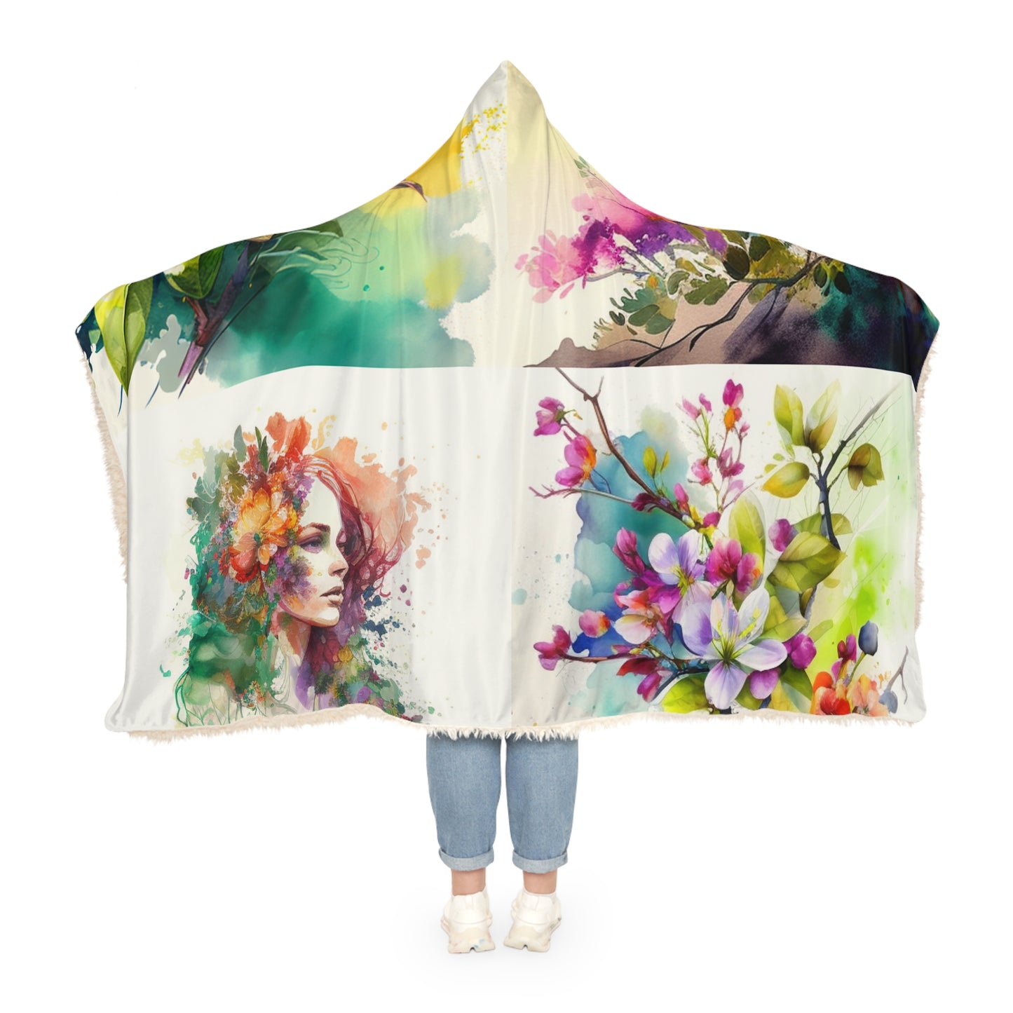 Snuggle Hooded Blanket Mother Nature Bright Spring Colors Realistic Watercolor 5