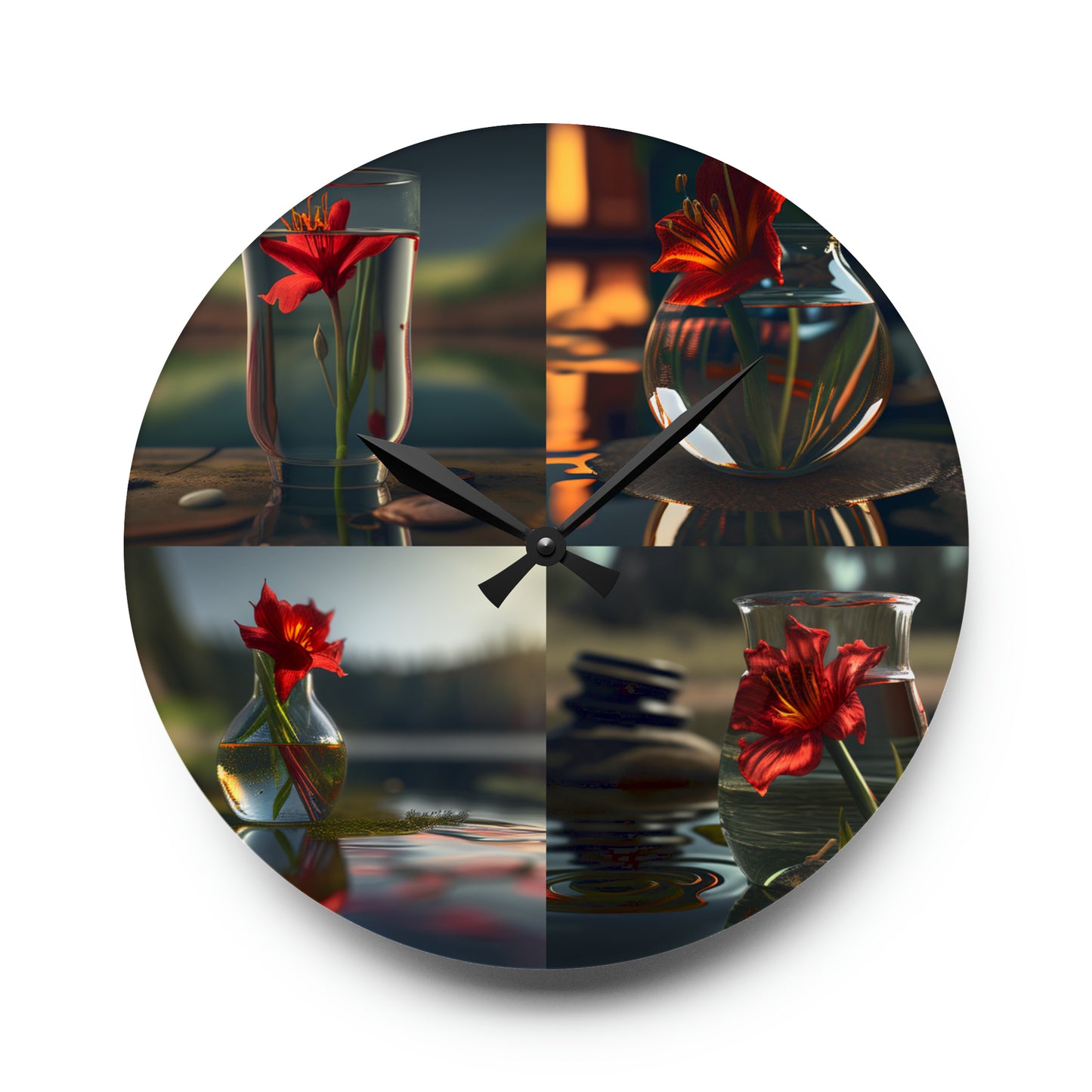 Acrylic Wall Clock Red Lily in a Glass vase 5