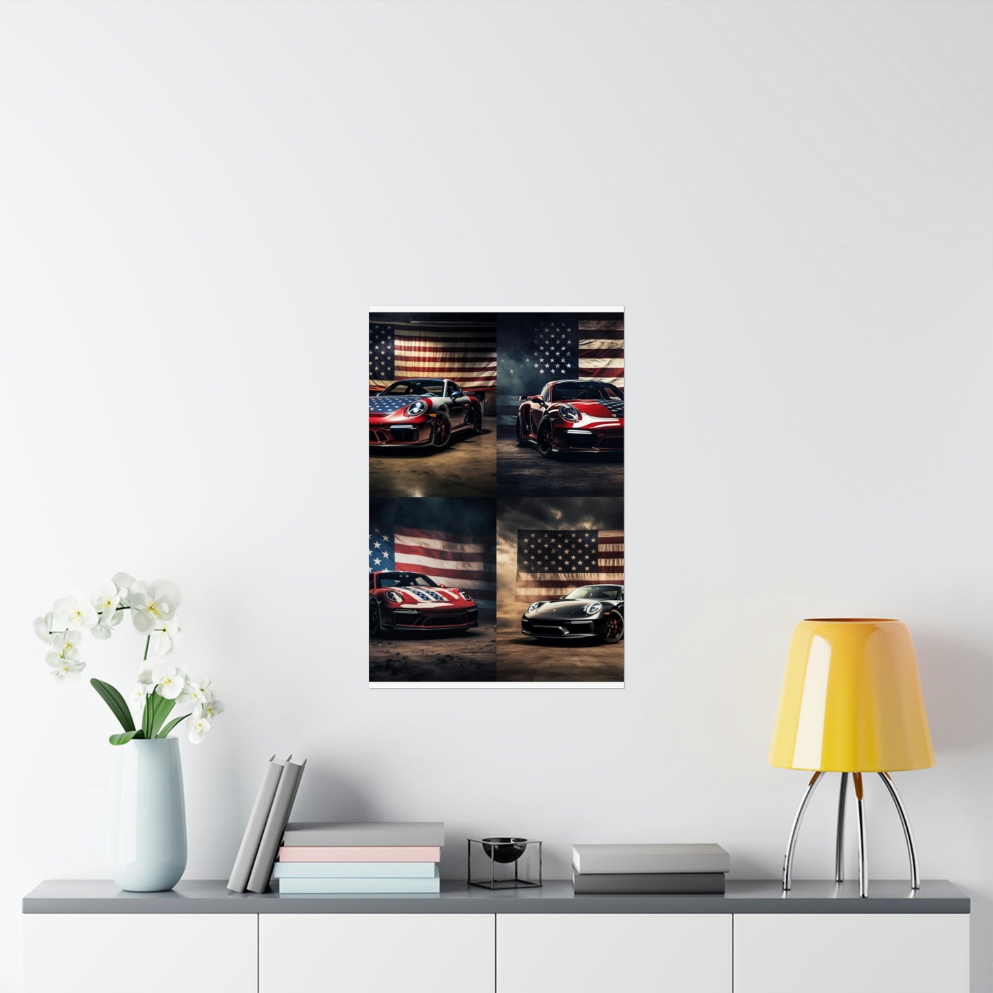 Premium Matte Vertical Posters American Flag Background Porsche 5