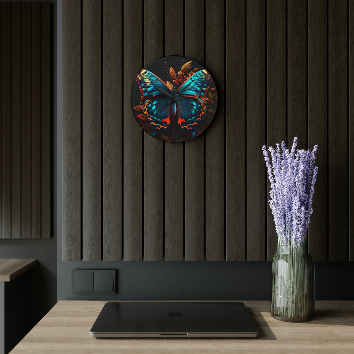 Acrylic Wall Clock Hue Neon Butterfly 1