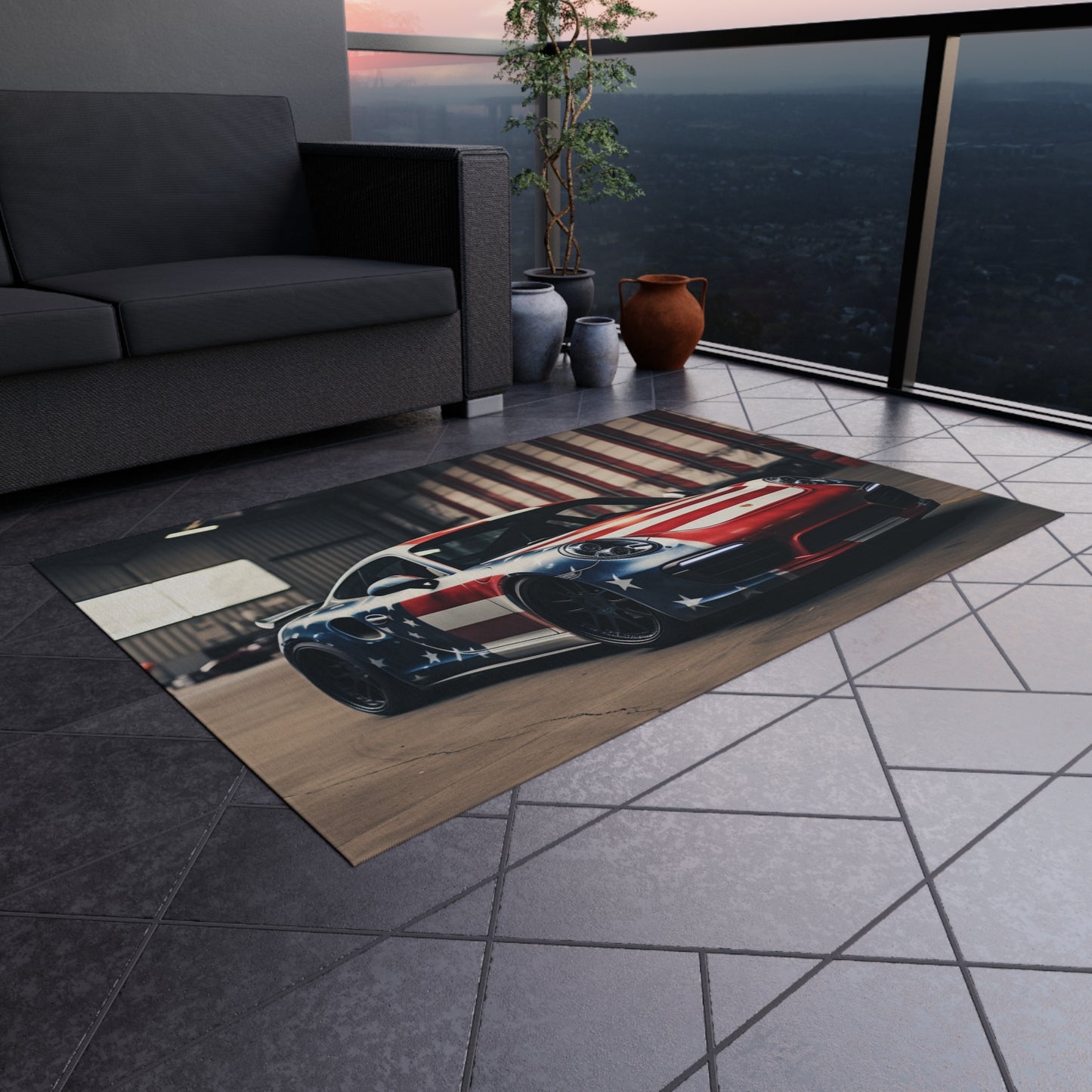 Outdoor Rug  American Flag Porsche 2