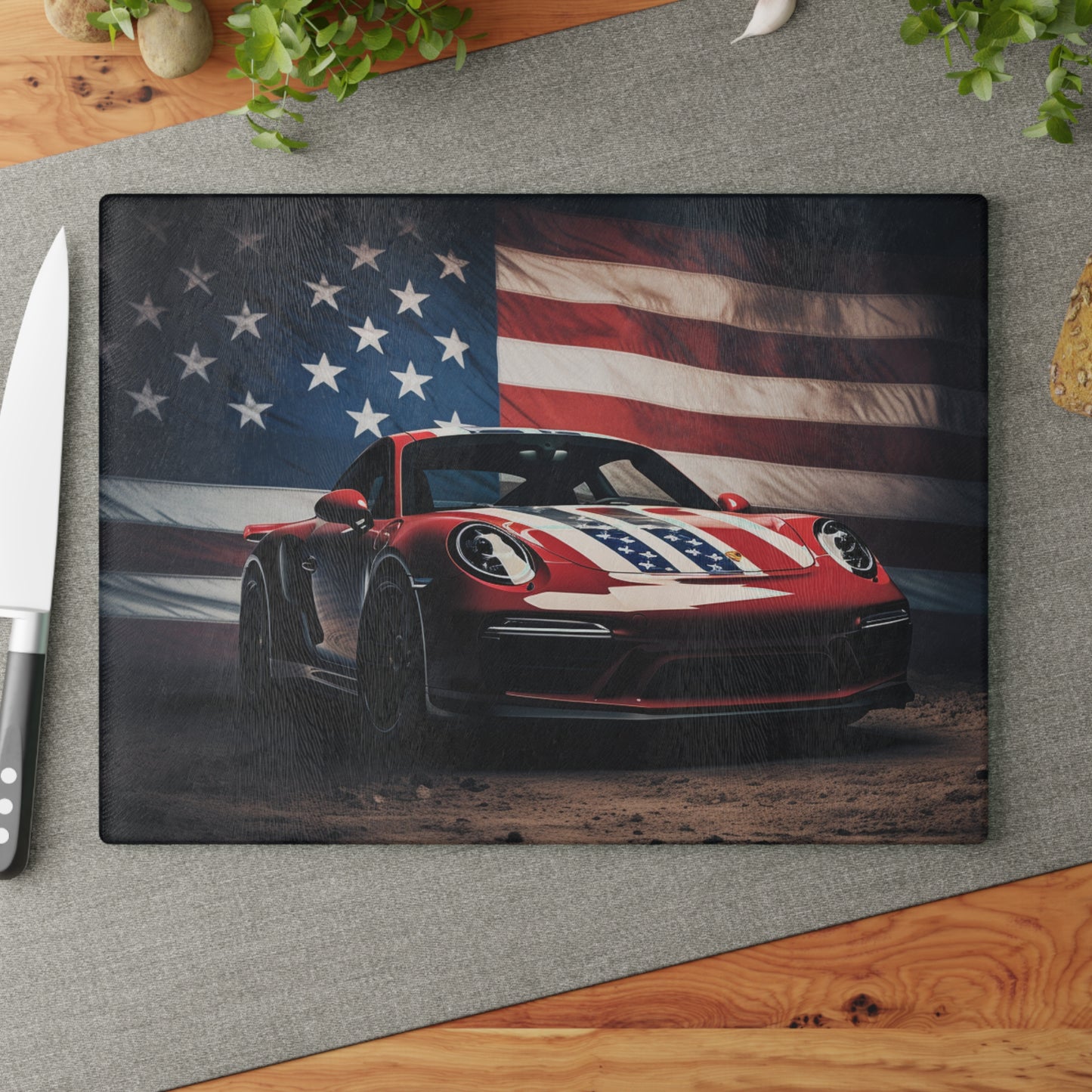 Glass Cutting Board American Flag Background Porsche 3