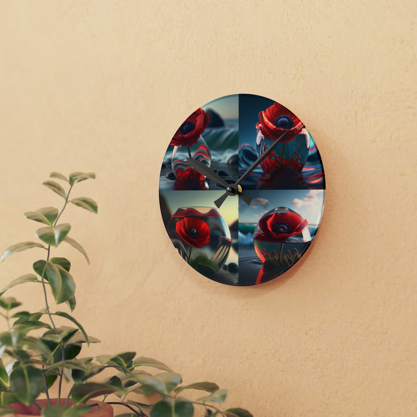 Acrylic Wall Clock Red Anemone in a Vase 5