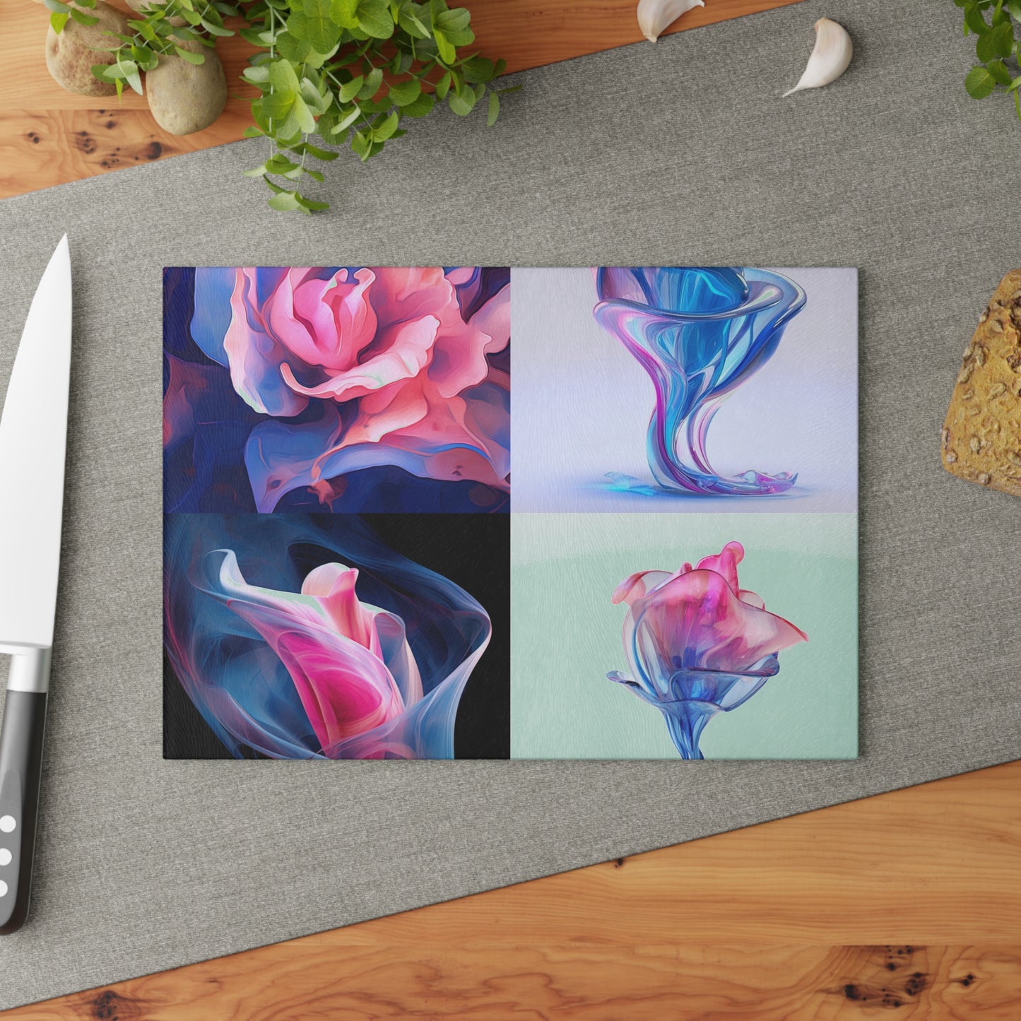 Glass Cutting Board Pink & Blue Tulip Rose 5