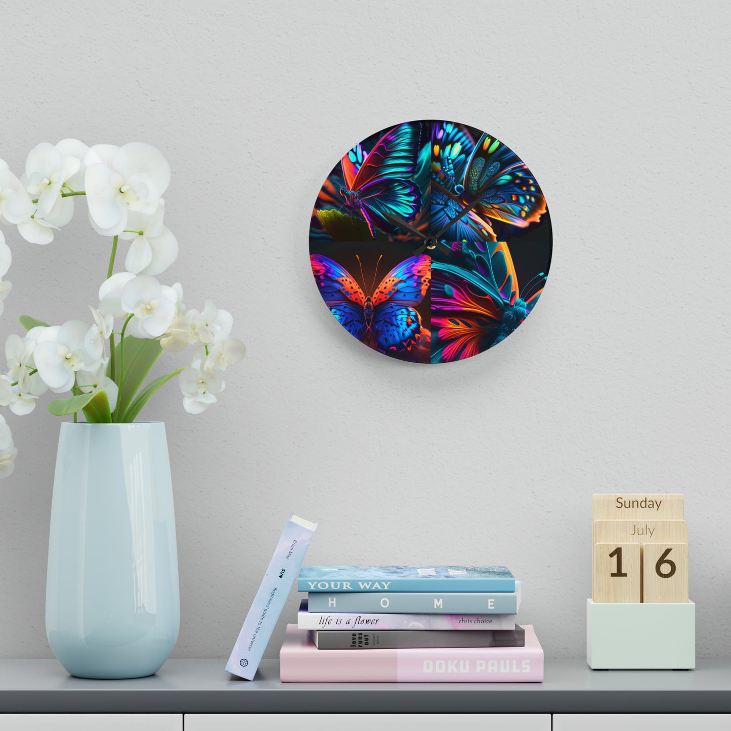 Acrylic Wall Clock Neon Butterfly Macro 5