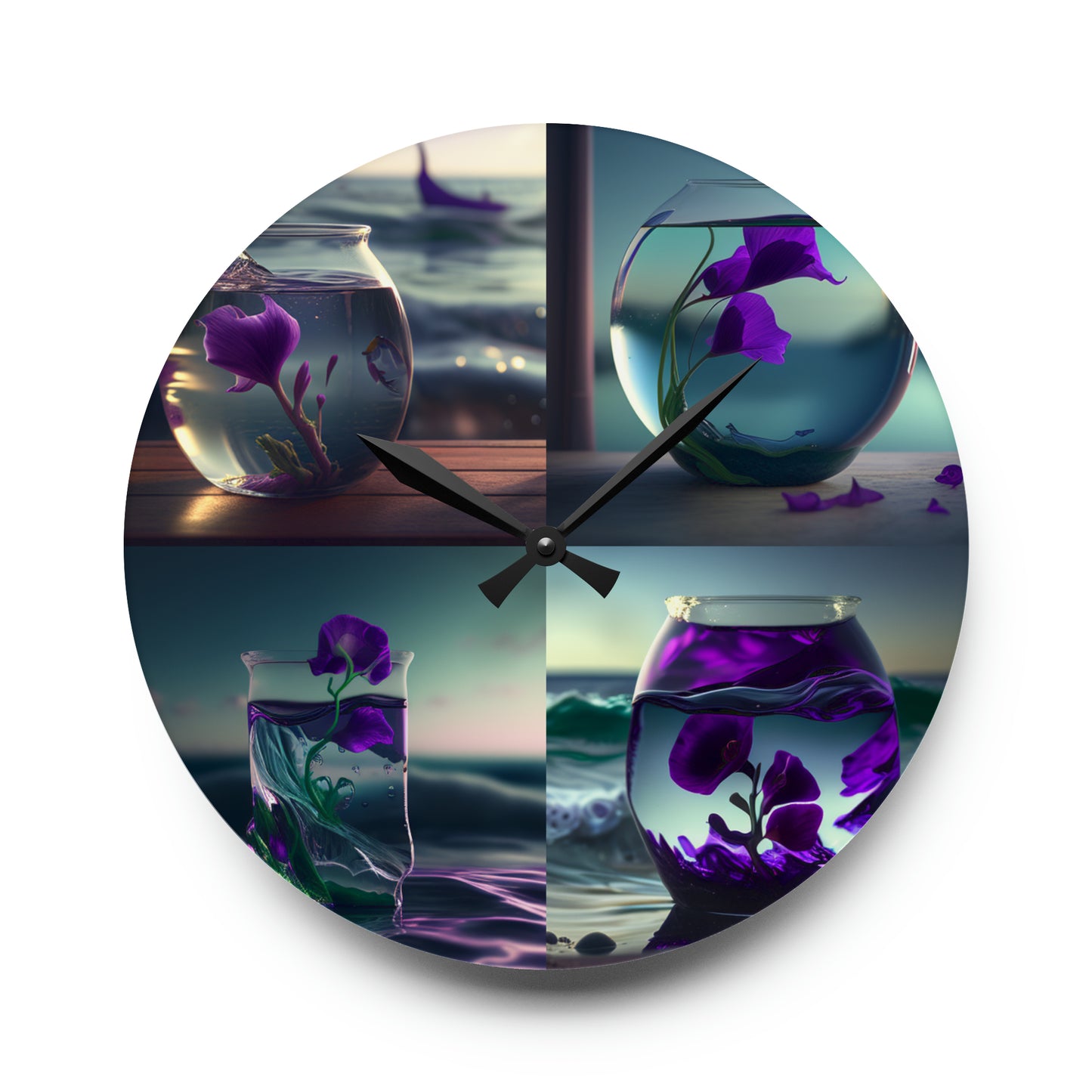 Acrylic Wall Clock Purple Sweet pea in a vase 5