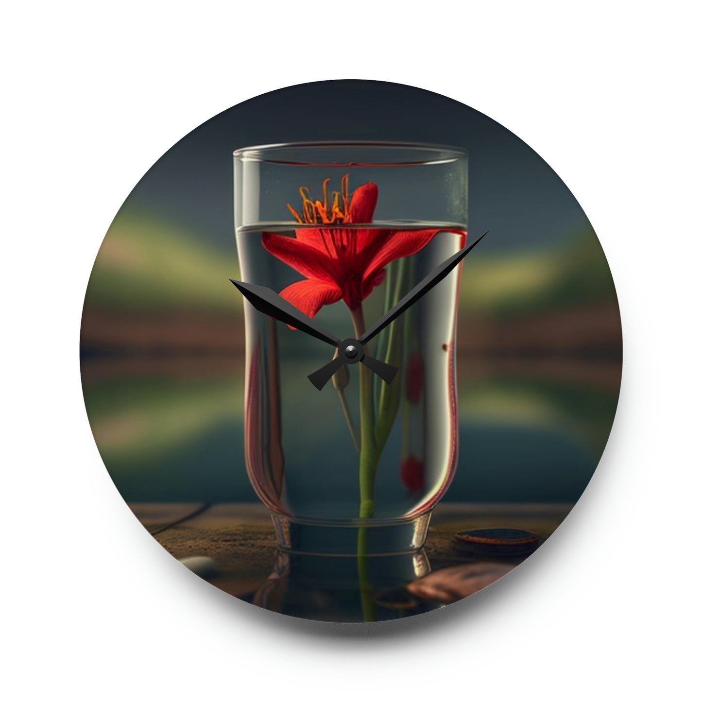 Acrylic Wall Clock Red Lily in a Glass vase 1