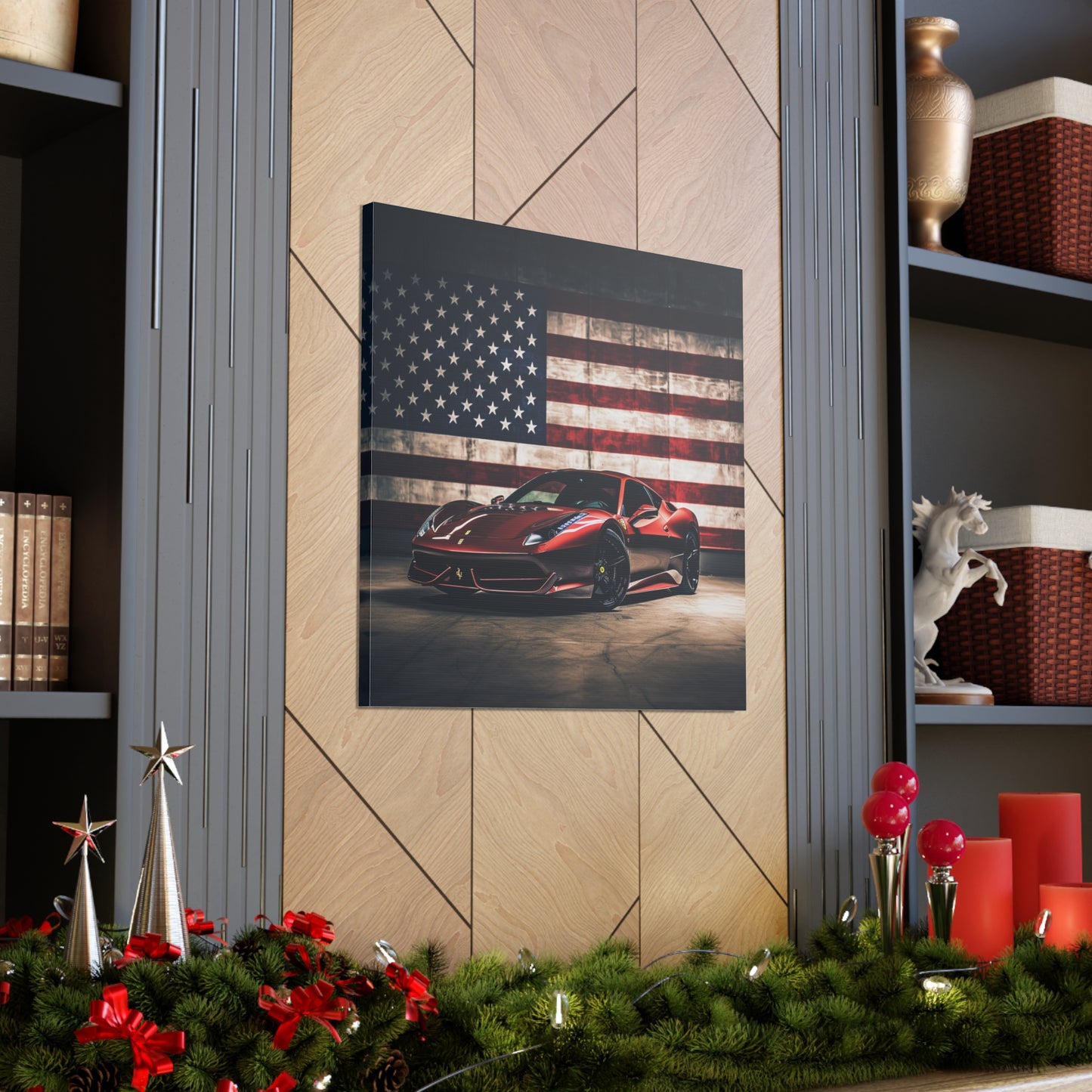 Canvas Gallery Wraps American Flag Background Ferrari 4