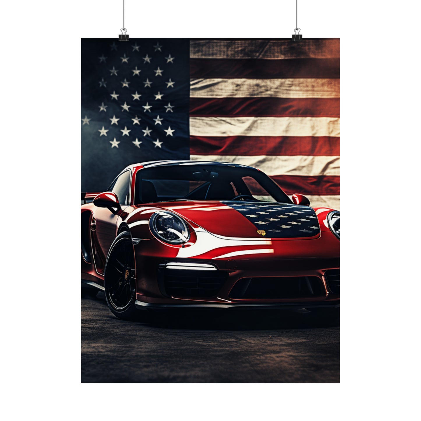 Premium Matte Vertical Posters American Flag Background Porsche 2