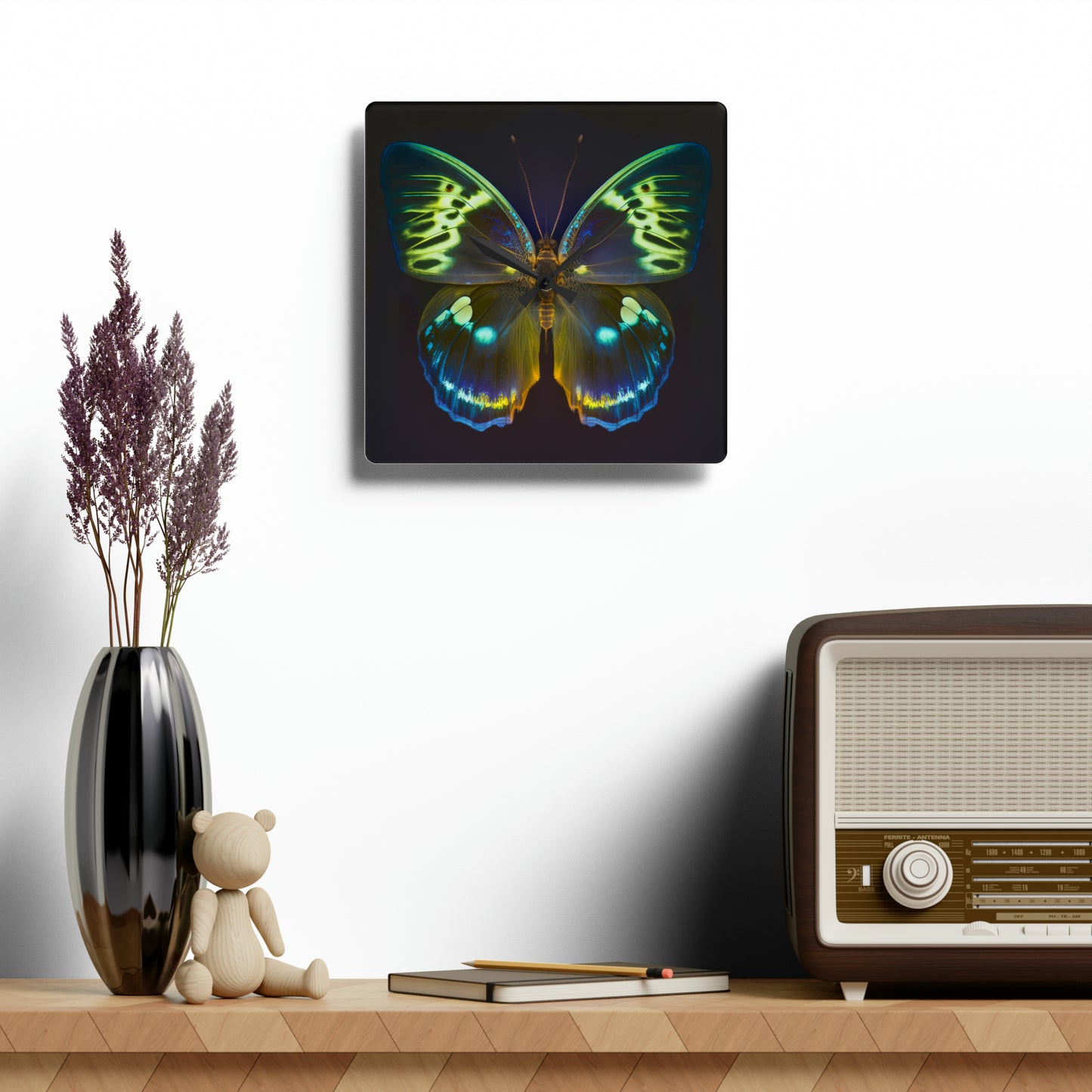 Acrylic Wall Clock Neon Hue Butterfly 1