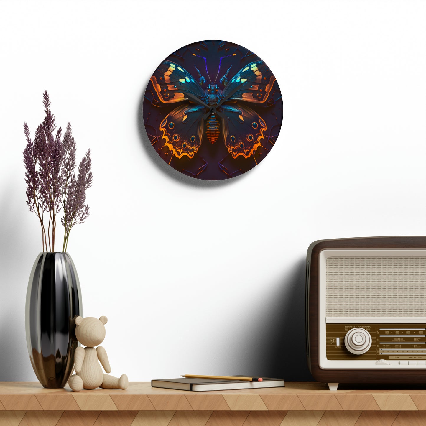 Acrylic Wall Clock Neon Hue Butterfly 2