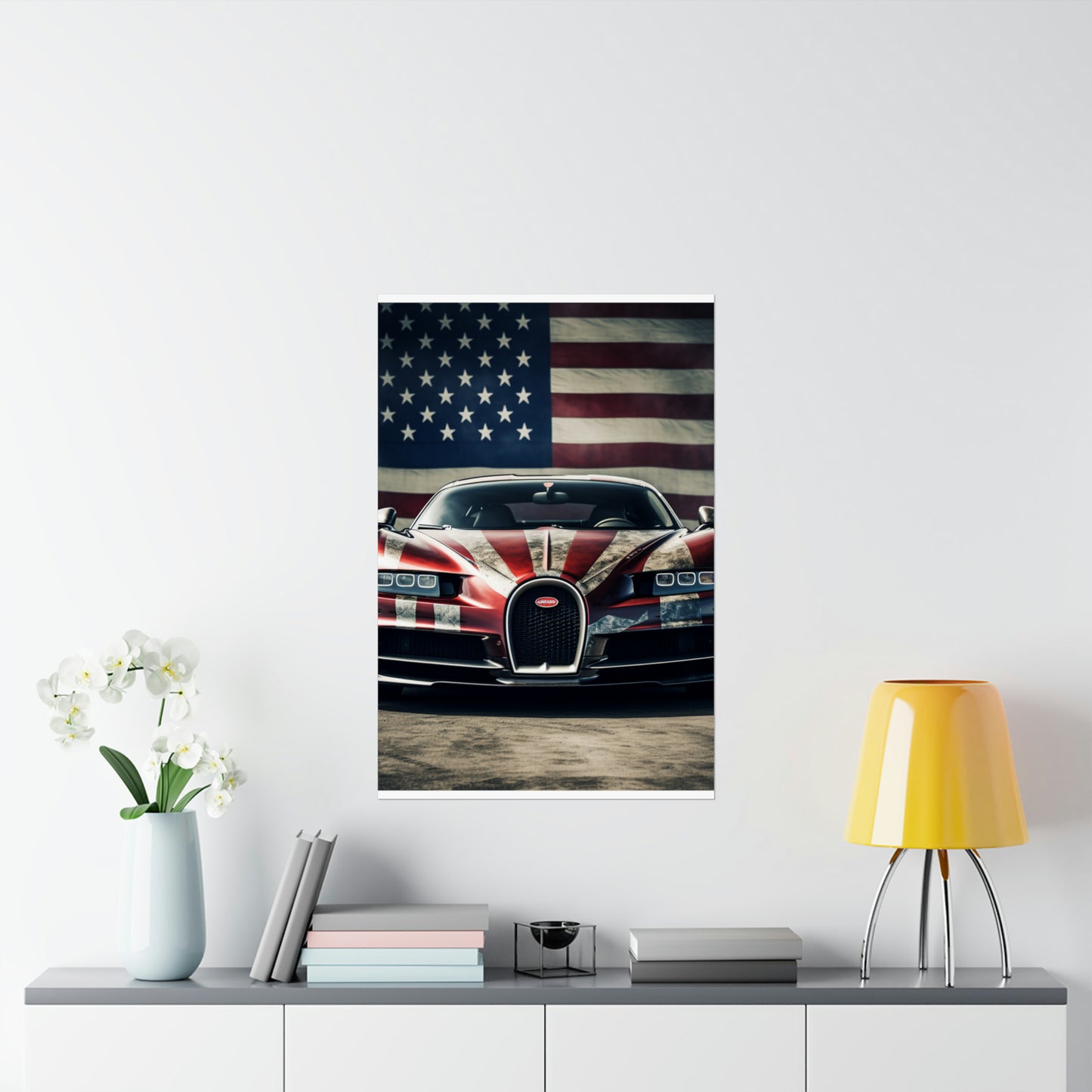 Premium Matte Vertical Posters American Flag Background Bugatti 3