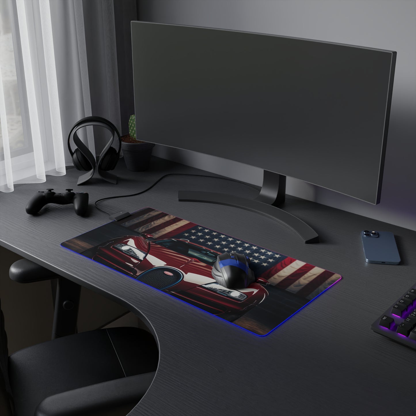 LED Gaming Mouse Pad American Flag Background Bugatti 1