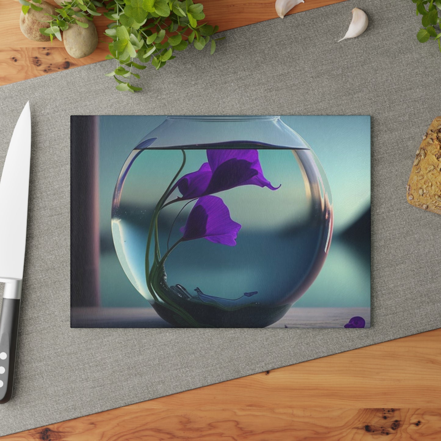 Glass Cutting Board Purple Sweet pea in a vase 2