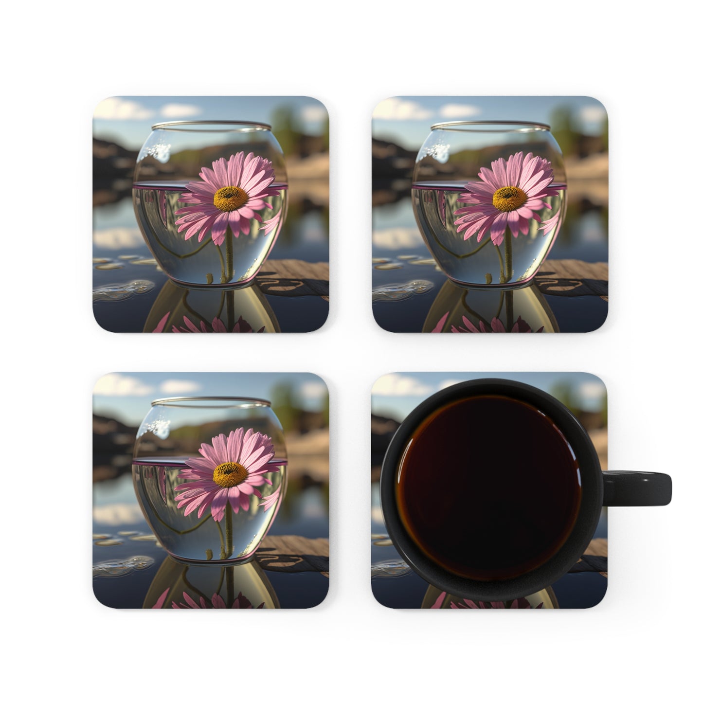 Corkwood Coaster Set Daisy in a vase 1