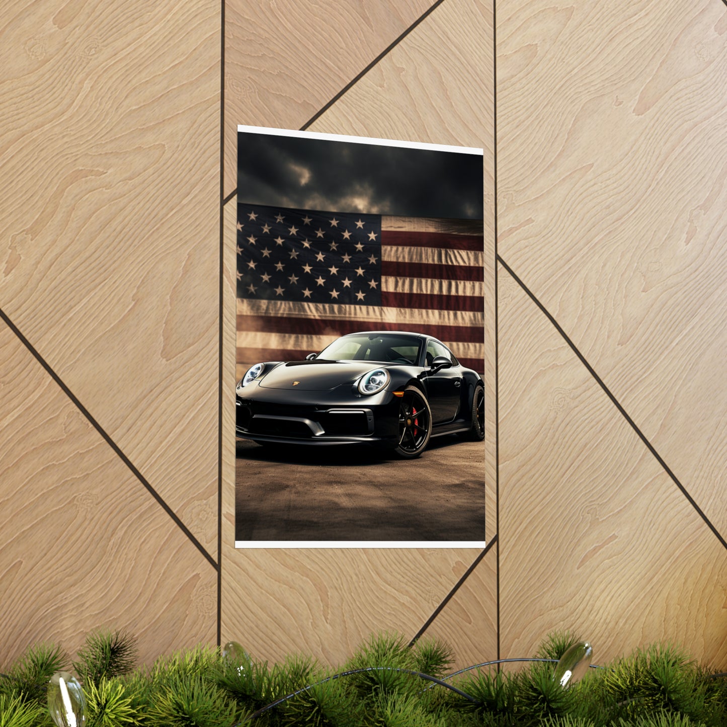 Premium Matte Vertical Posters American Flag Background Porsche 4