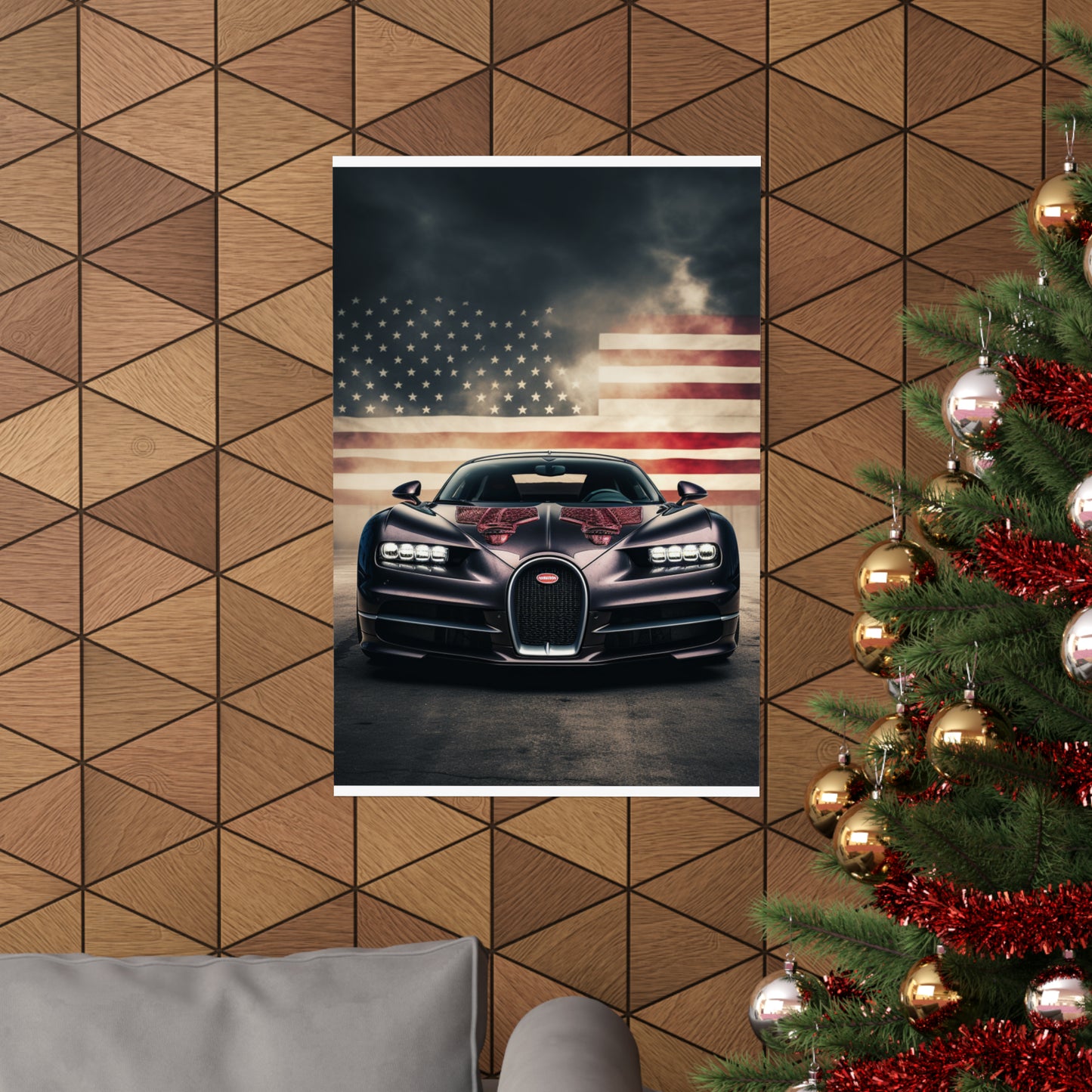 Premium Matte Vertical Posters American Flag Background Bugatti 2