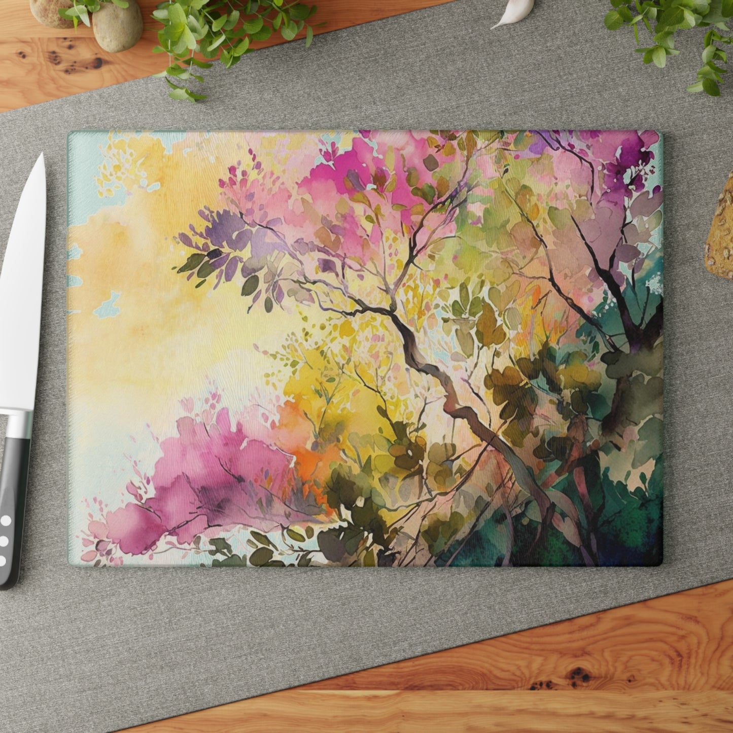 Glass Cutting Board Mother Nature Bright Spring Colors Realistic Watercolor 2