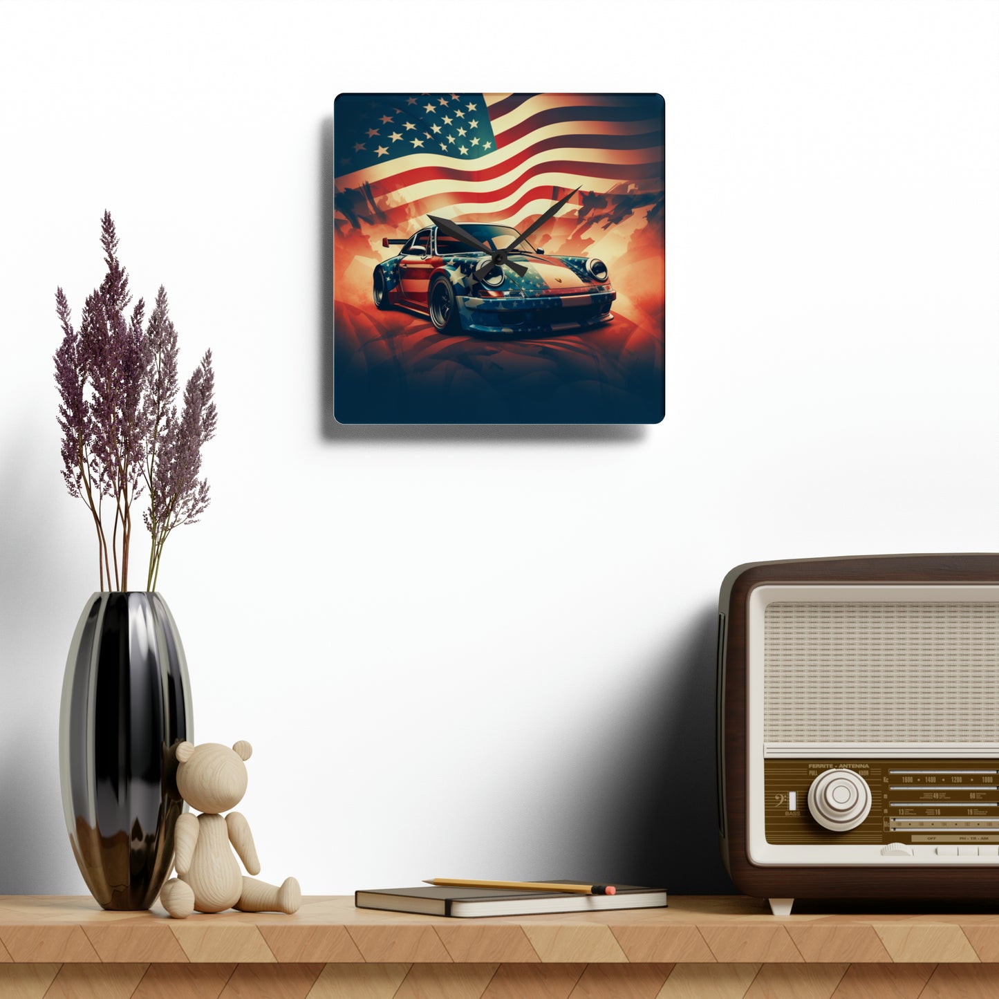 Acrylic Wall Clock Abstract American Flag Background Porsche 4