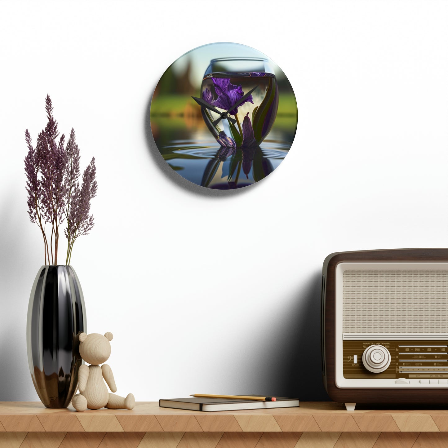 Acrylic Wall Clock Purple Iris in a vase 3