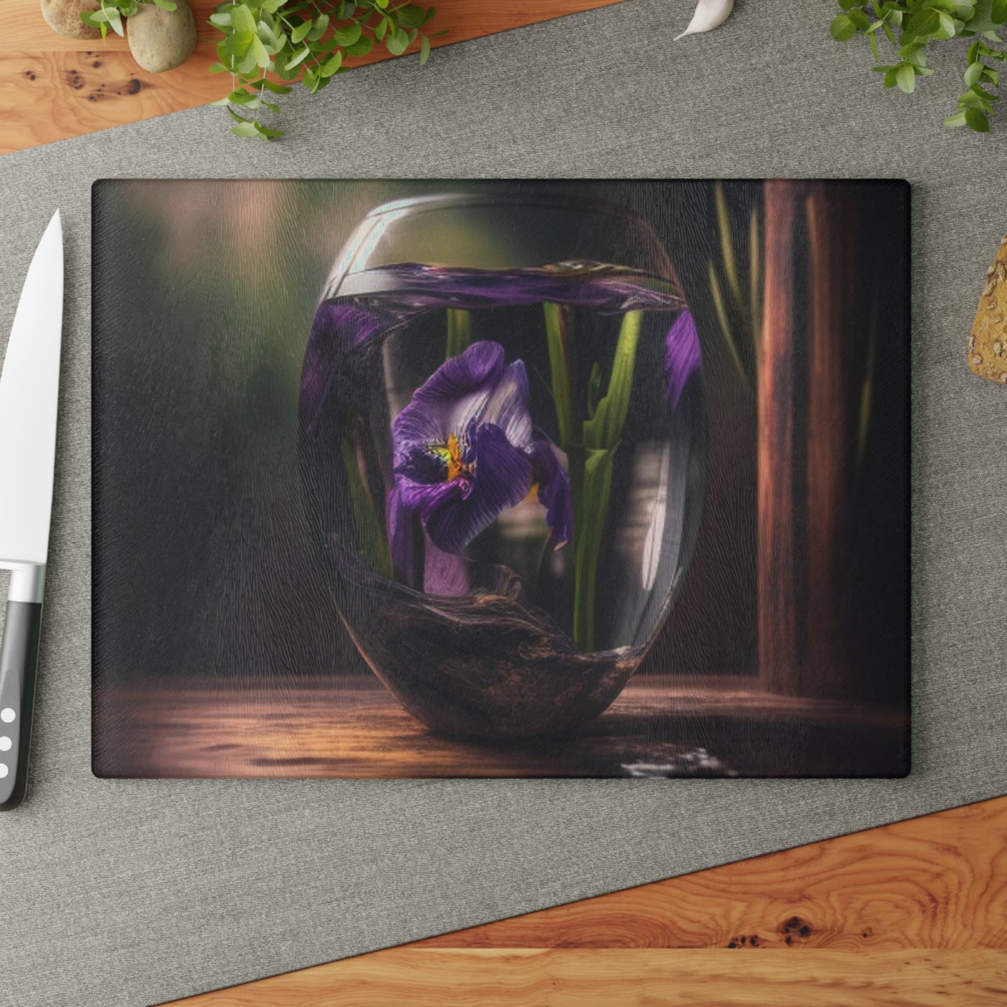 Glass Cutting Board Purple Iris in a vase 4