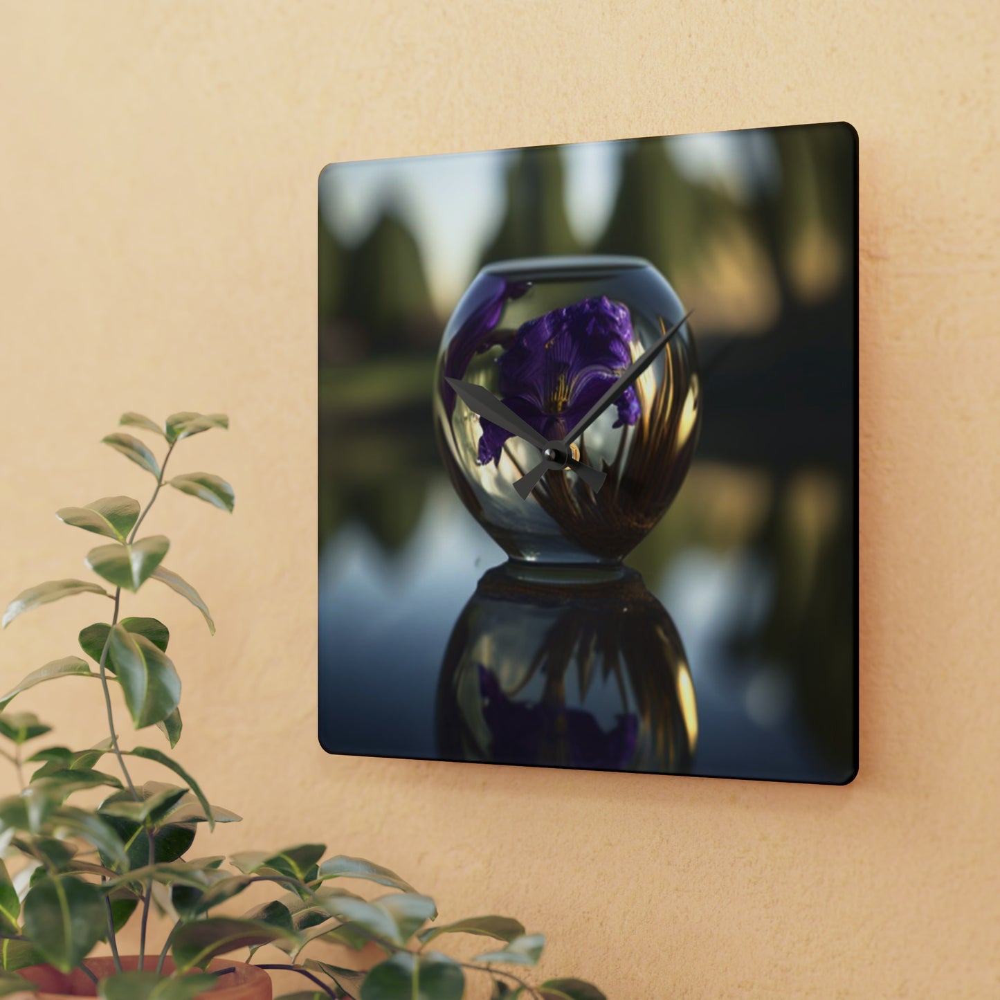 Acrylic Wall Clock Purple Iris in a vase 2