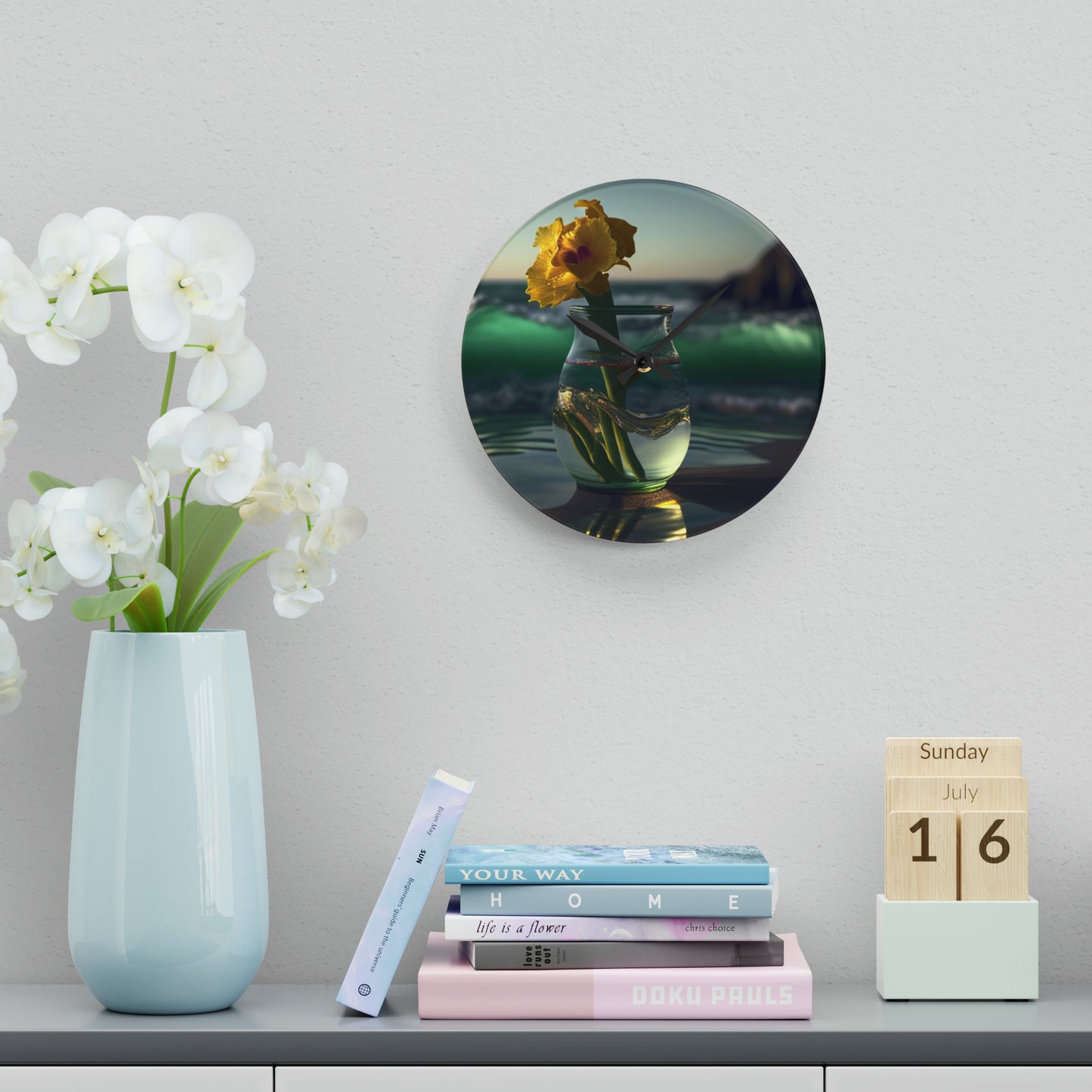 Acrylic Wall Clock Yellow Gladiolus glass 1