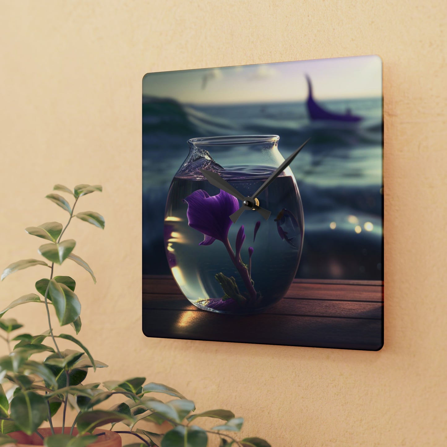 Acrylic Wall Clock Purple Sweet pea in a vase 1