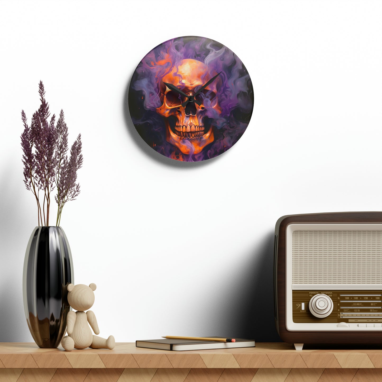 Acrylic Wall Clock Skull Flames 4