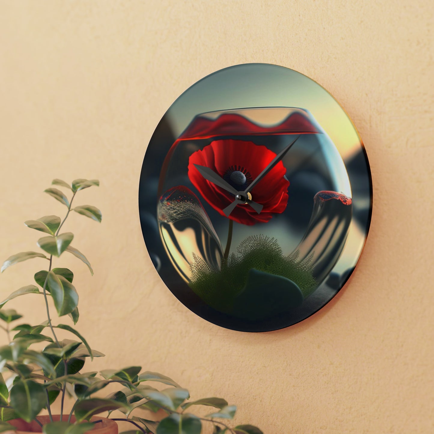 Acrylic Wall Clock Red Anemone in a Vase 3